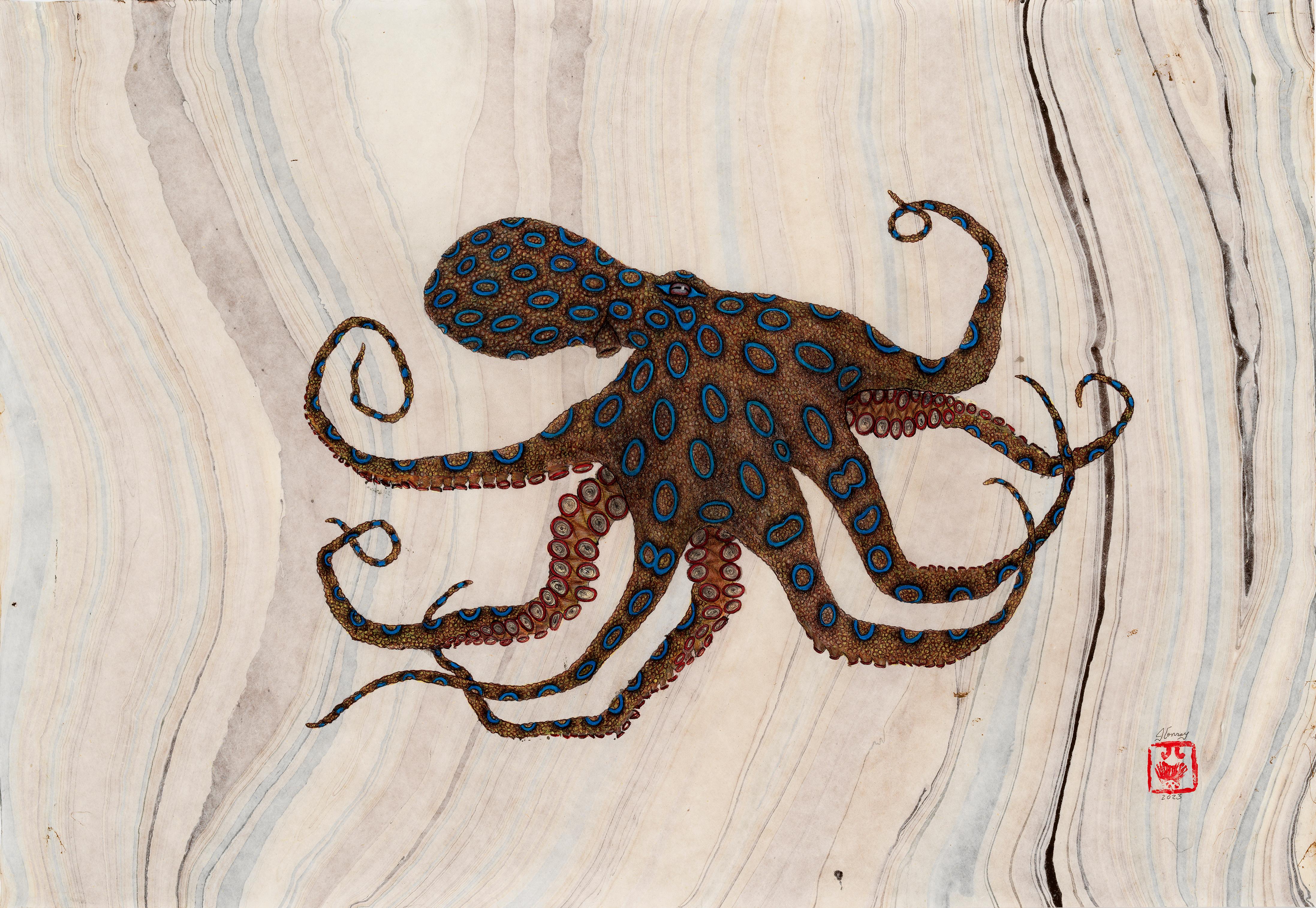 Jeff Conroy Animal Painting - Creeping Blue Ring - Gyotaku Style Sumi Ink Painting of an Octopus 