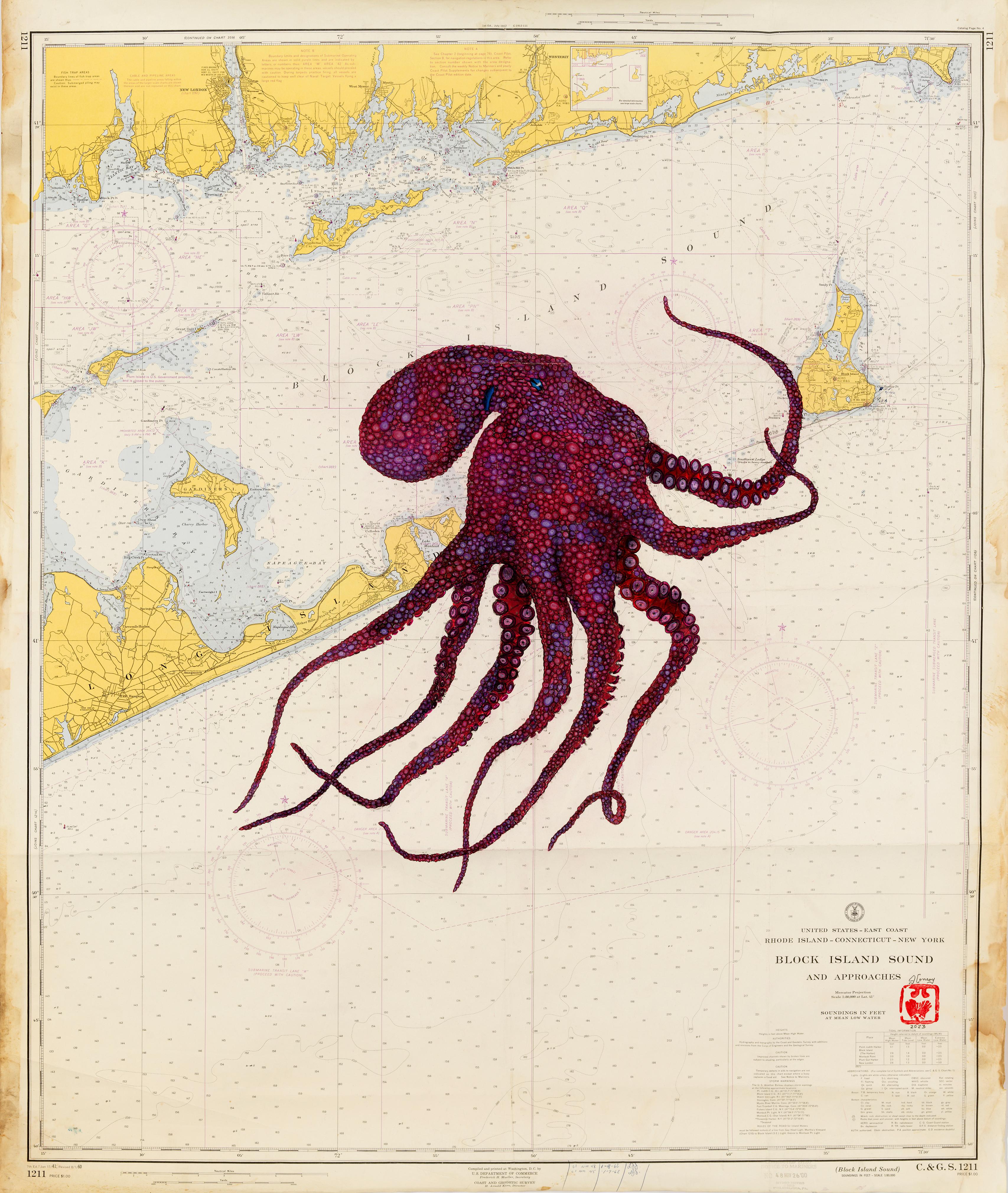Jeff Conroy Animal Painting – Blockblock-Insel Merlot – Sumi-Tintegemälde eines Octopus im Gyotaku-Stil 