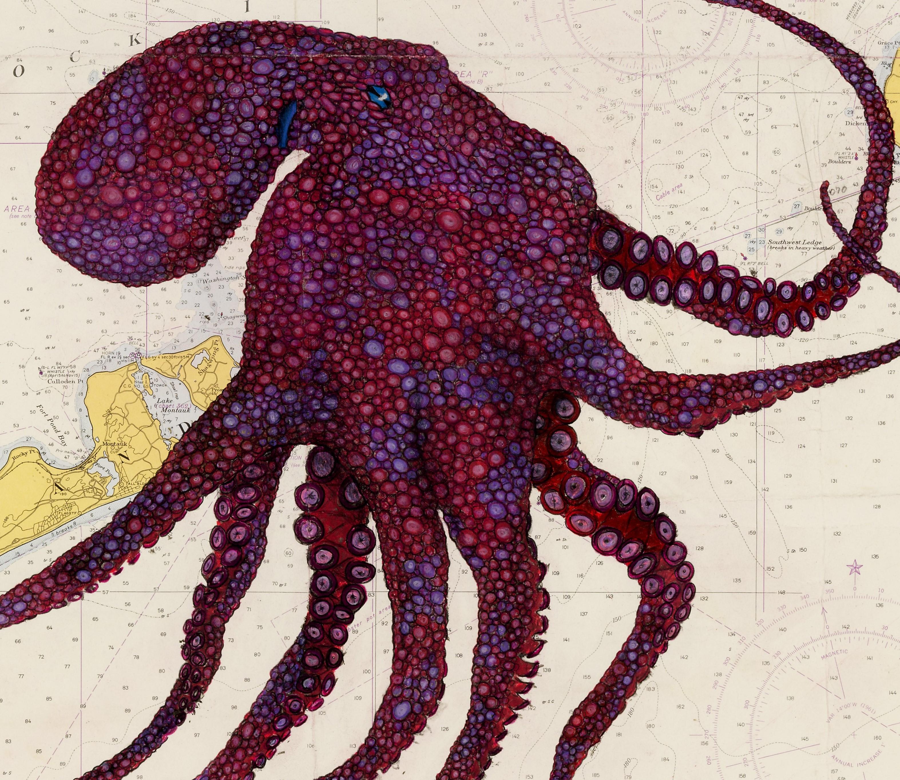 Blockblock-Insel Merlot – Sumi-Tintegemälde eines Octopus im Gyotaku-Stil  (Zeitgenössisch), Painting, von Jeff Conroy
