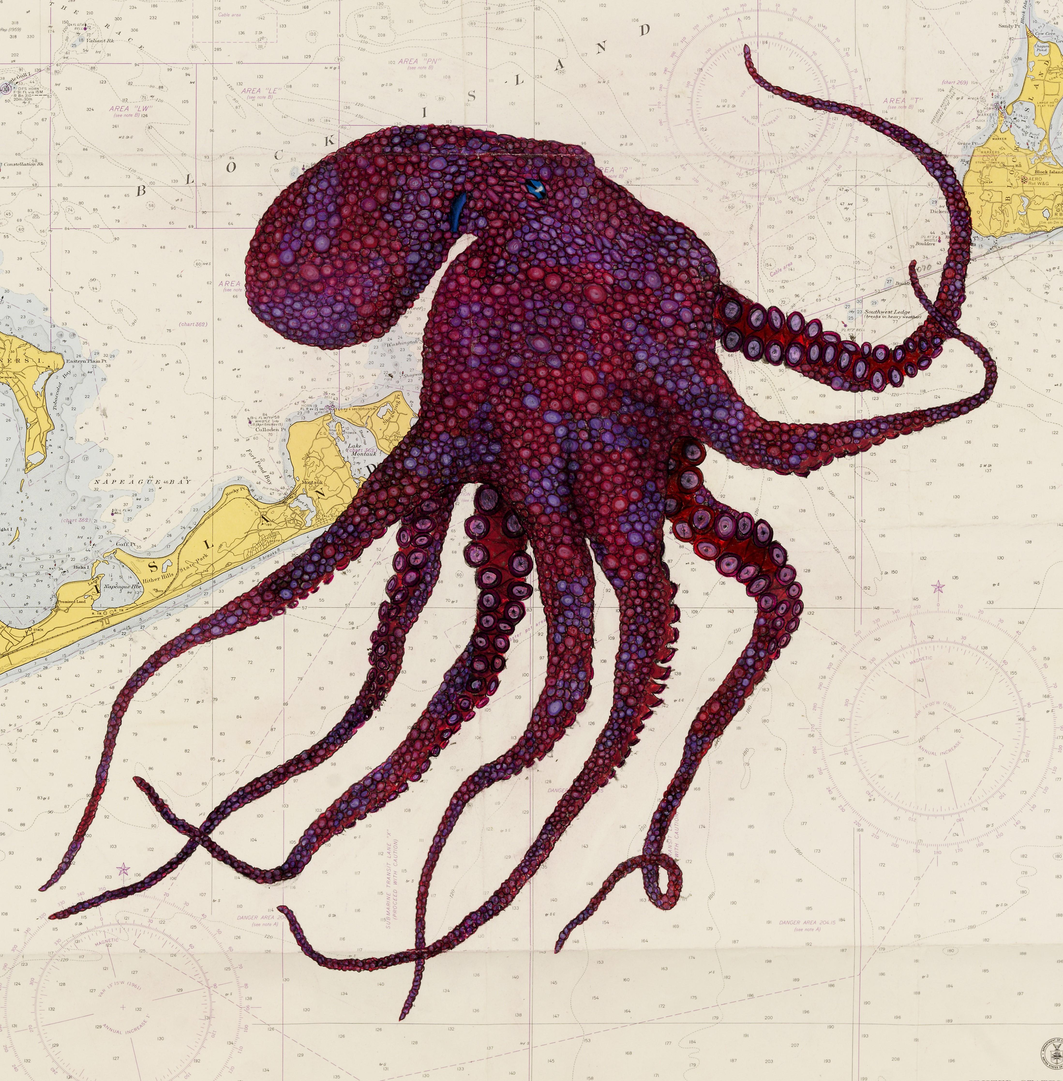 Blockblock-Insel Merlot – Sumi-Tintegemälde eines Octopus im Gyotaku-Stil  – Painting von Jeff Conroy