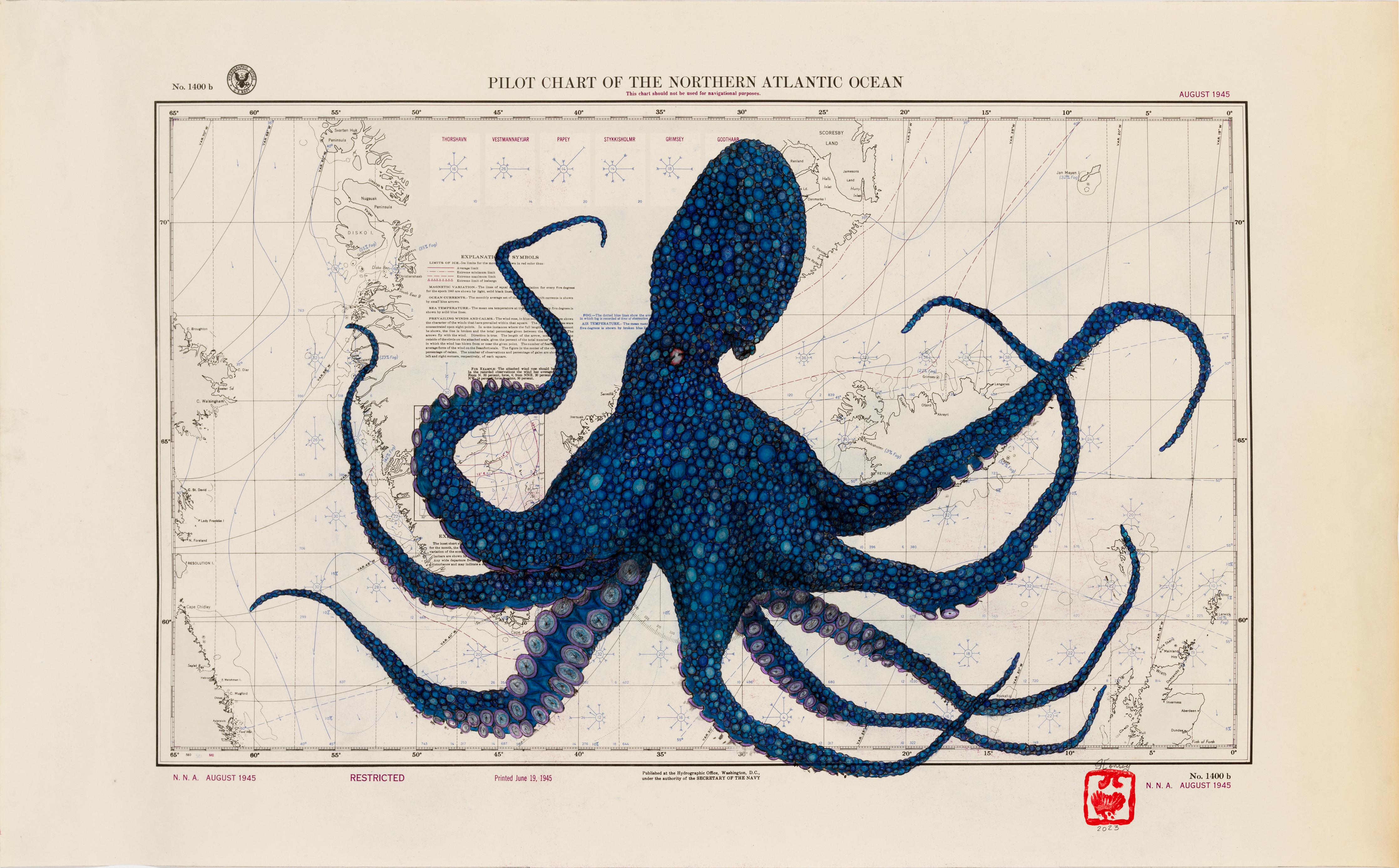 The Blue Boy of the North Atlantic - Oktopus auf antiker Seekarte im Gyotako-Stil