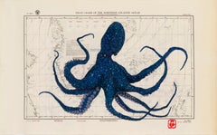 Blue Boy of the North Atlantic - Octopus on Vintage Nautical Chart Gyotako Style