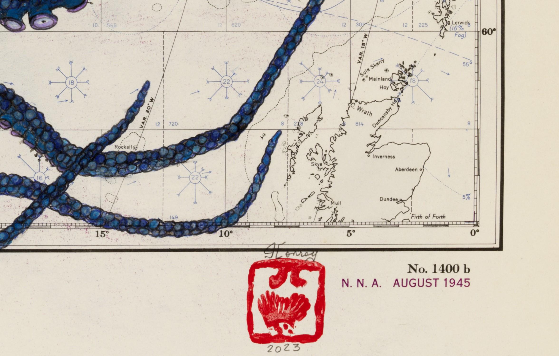 The Blue Boy of the North Atlantic - Oktopus auf antiker Seekarte im Gyotako-Stil im Angebot 1