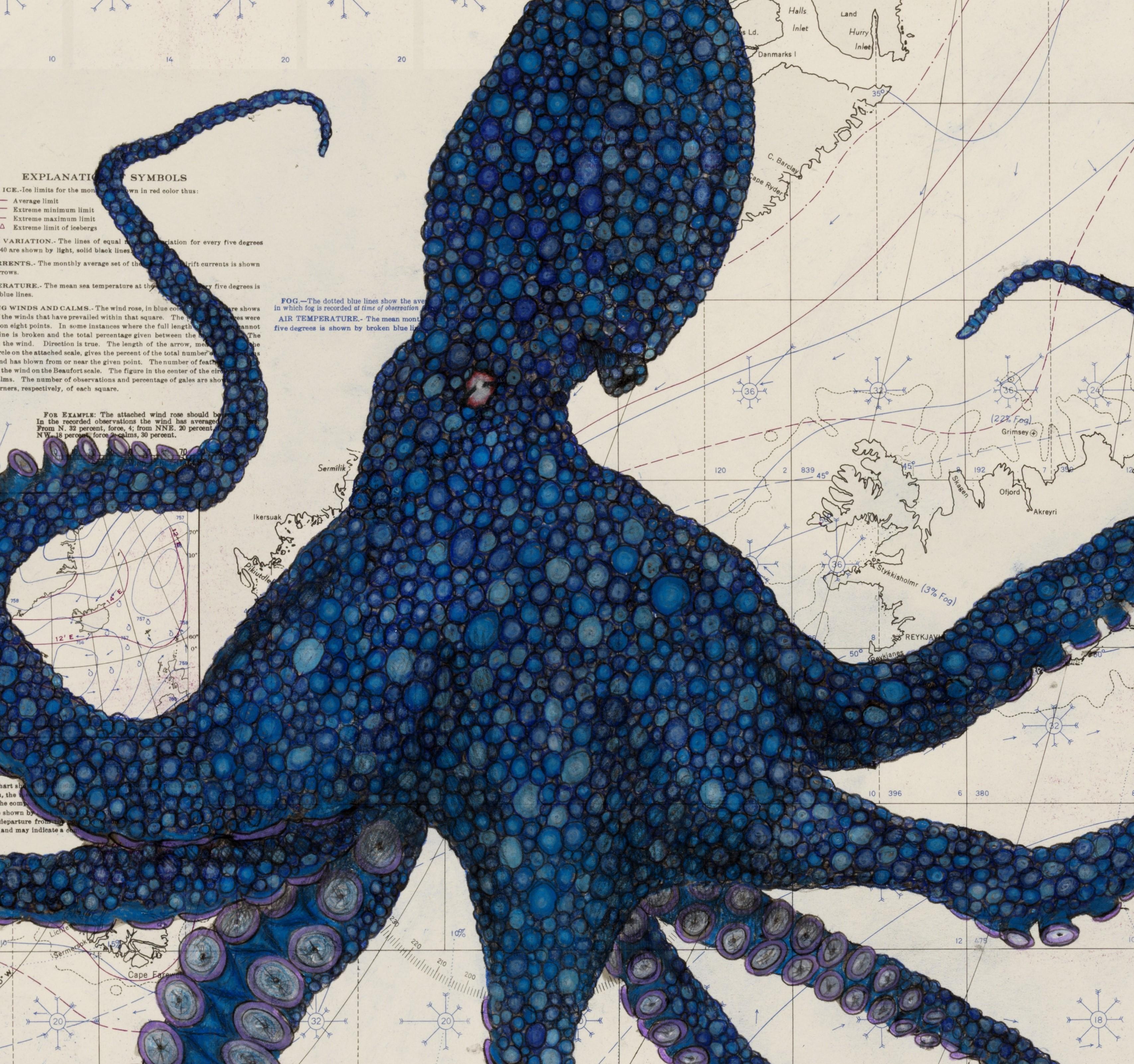 Blue Boy of the North Atlantic - Octopus on Antique Nautical Chart Gyotako Style - Contemporary Painting by Jeff Conroy