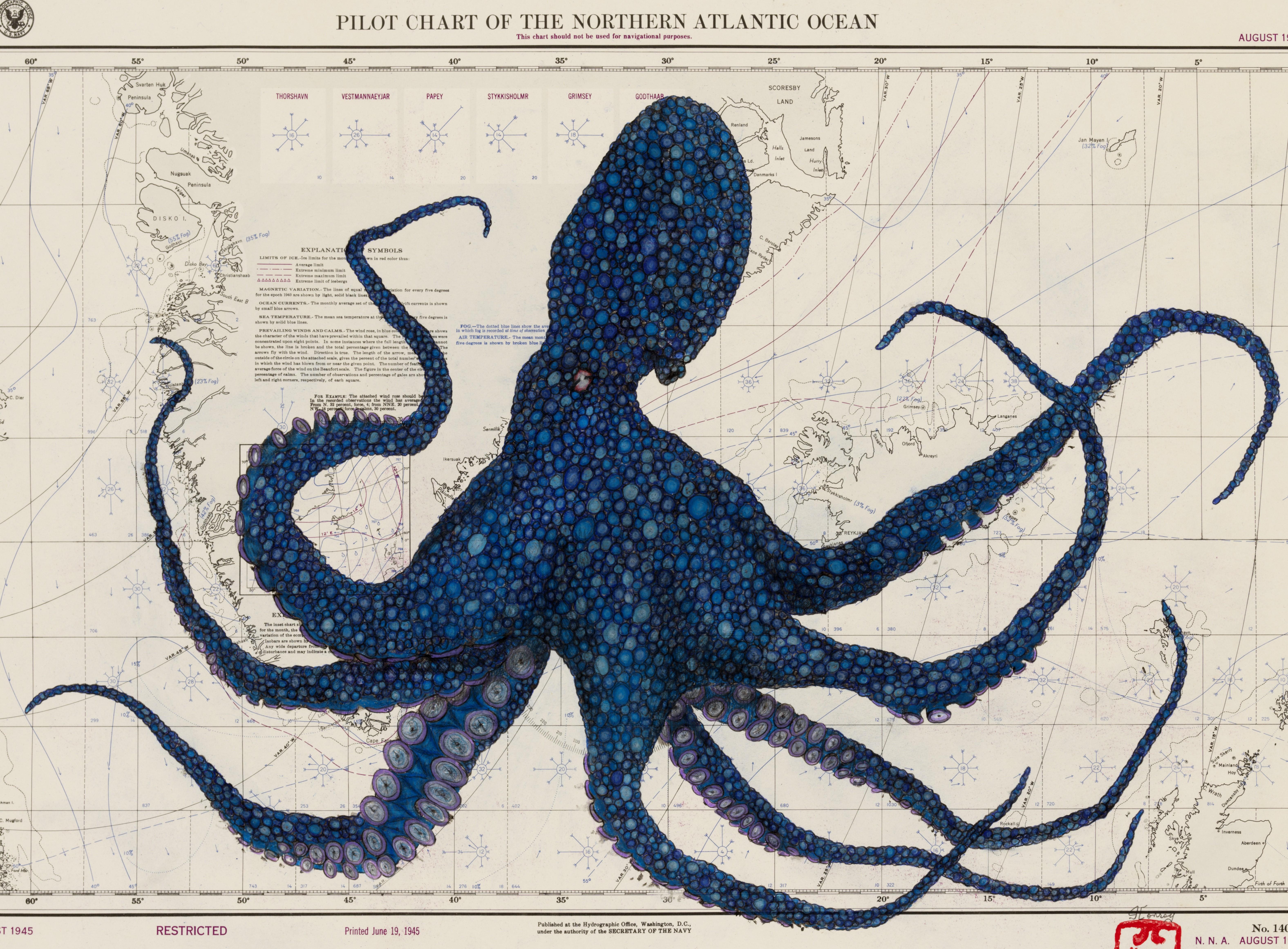 Blue Boy of the North Atlantic - Octopus on Antique Nautical Chart Gyotako Style - Painting by Jeff Conroy