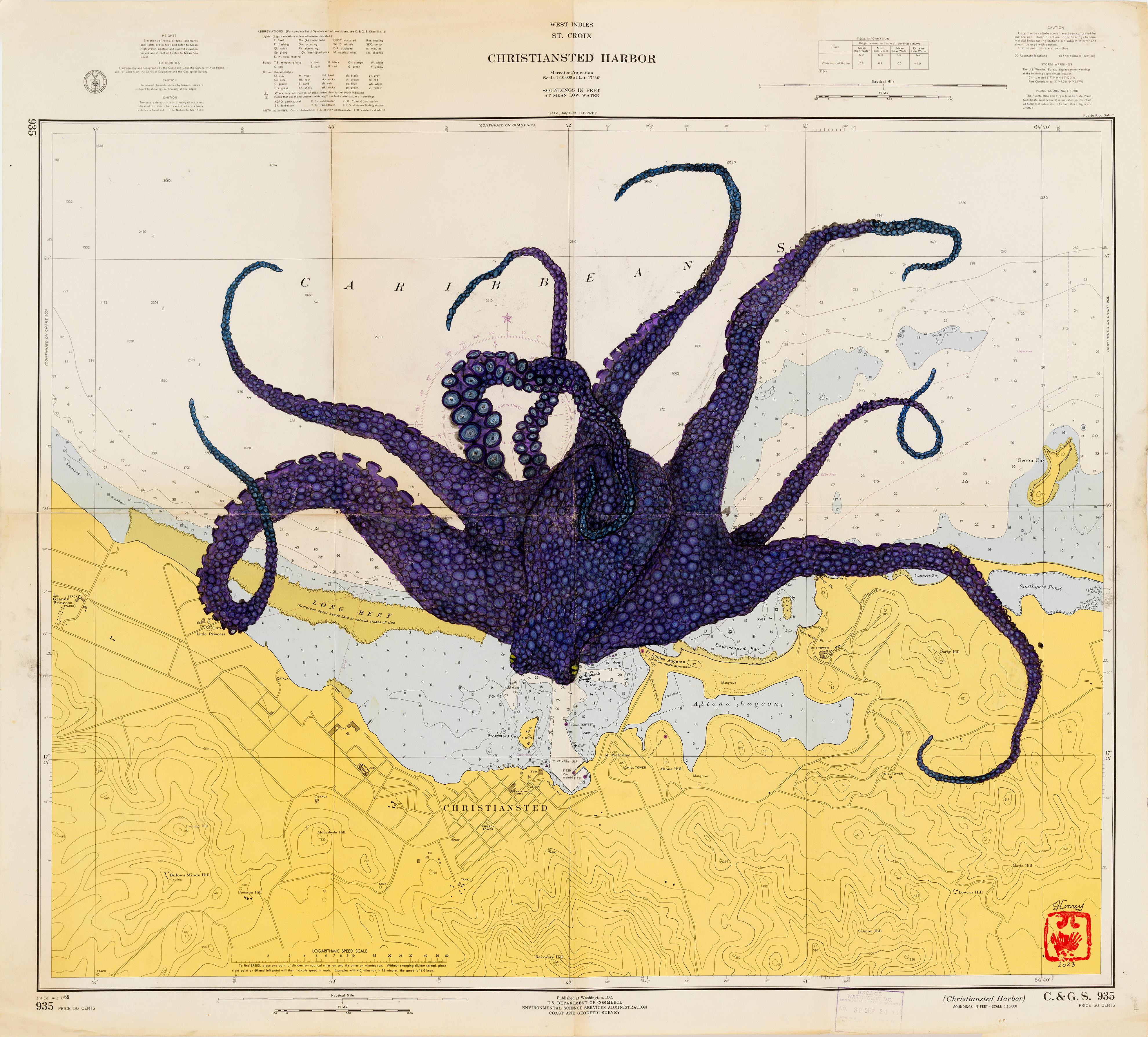 Jeff Conroy Animal Painting – Lila Perkins Over St. Croix - Octopus auf nautischer Karte, Druck im Gyotaku-Stil