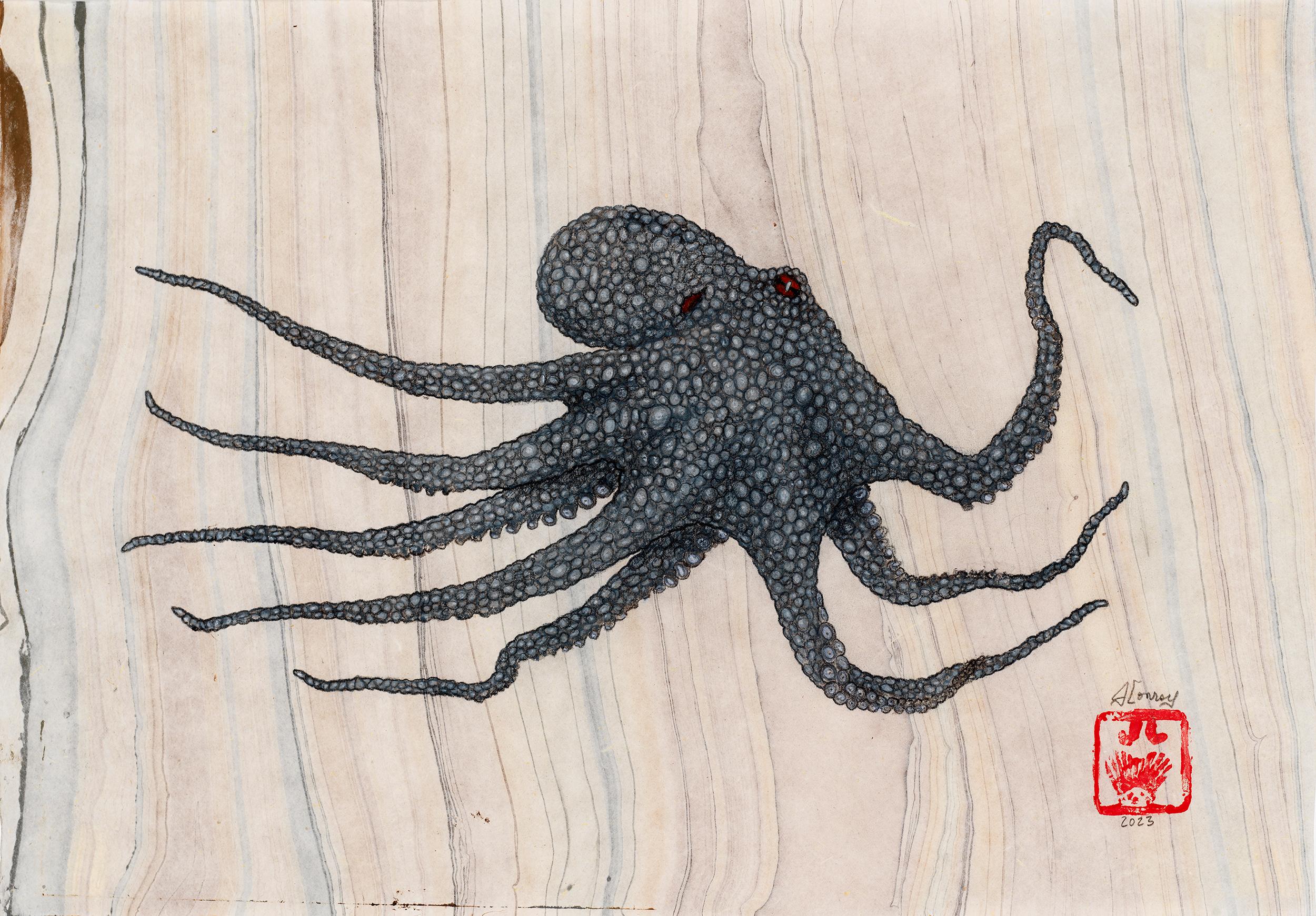 Jeff Conroy Animal Painting – Quicksilver – Sumi-Tintegemälde eines Achtecks im Gyotaku-Stil 