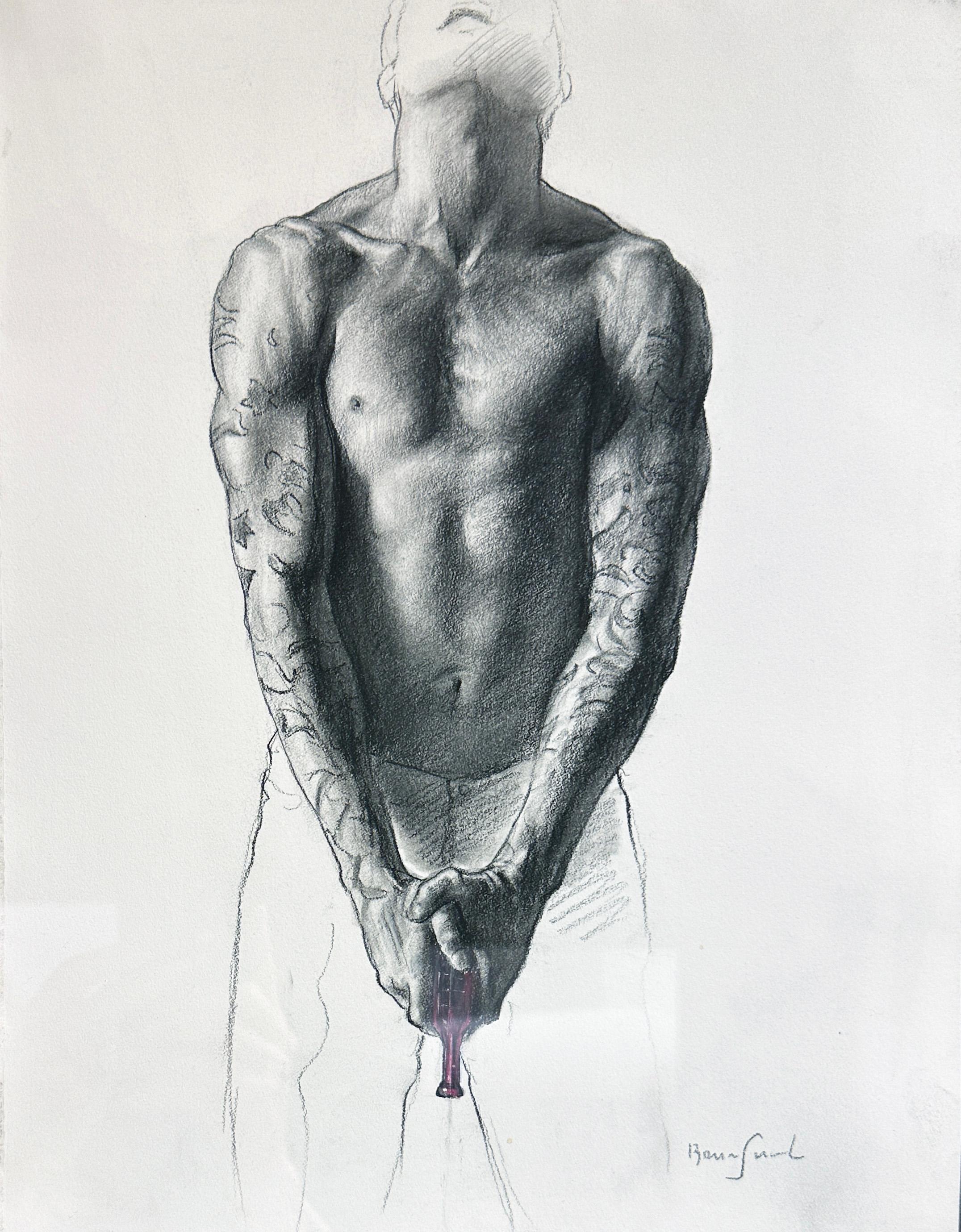 Figurative Art Bruno Surdo - Force - Homme tatoué torse nu tenant un pistolet à eau en plastique violet, encadré