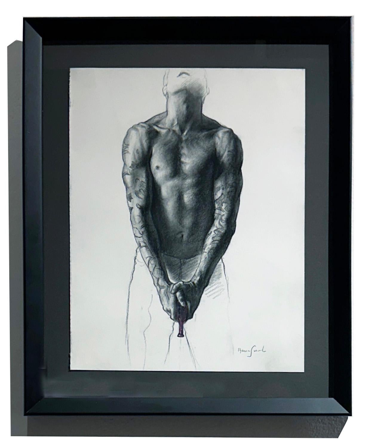 Strength - Tattooed Shirtless Man Holding a Purple Plastic Squirt Gun, Framed For Sale 1