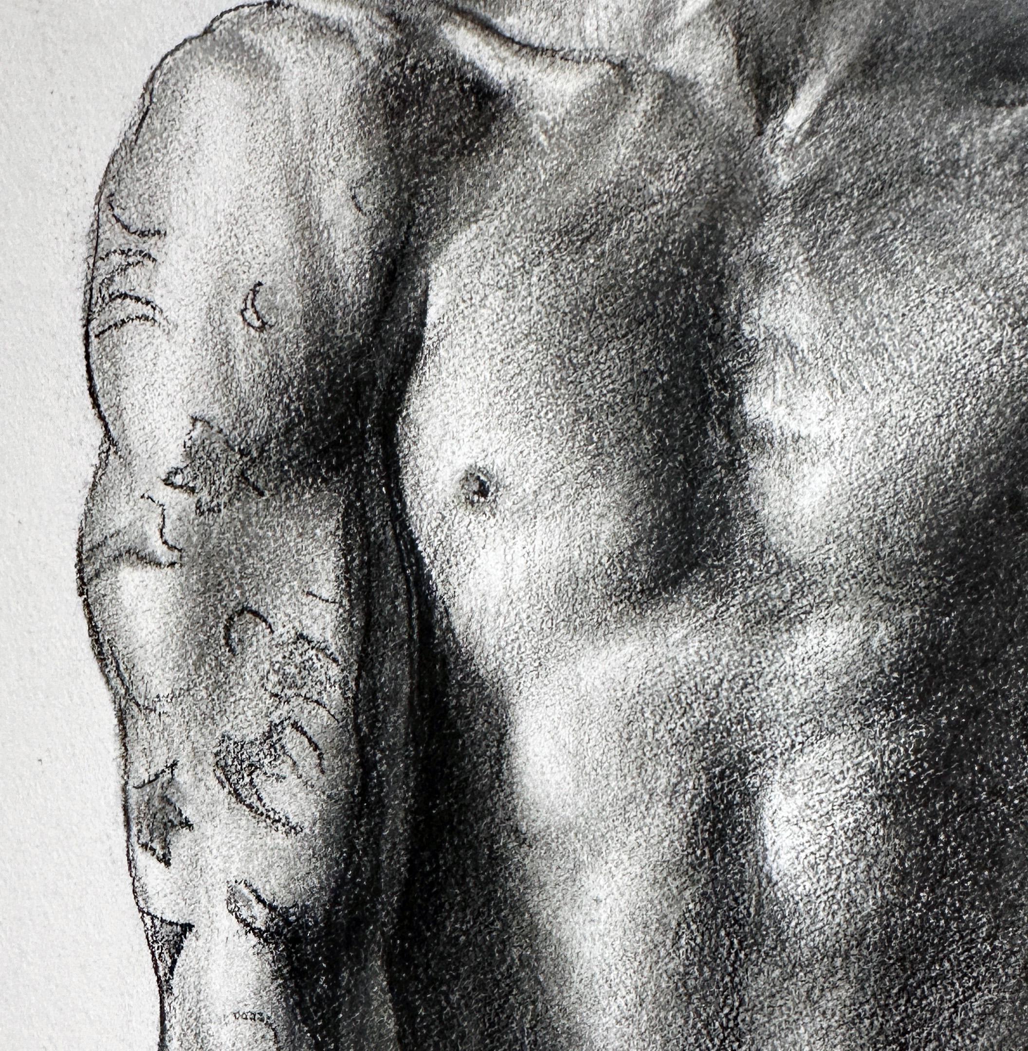 Force - Homme tatoué torse nu tenant un pistolet à eau en plastique violet, encadré - Contemporain Art par Bruno Surdo
