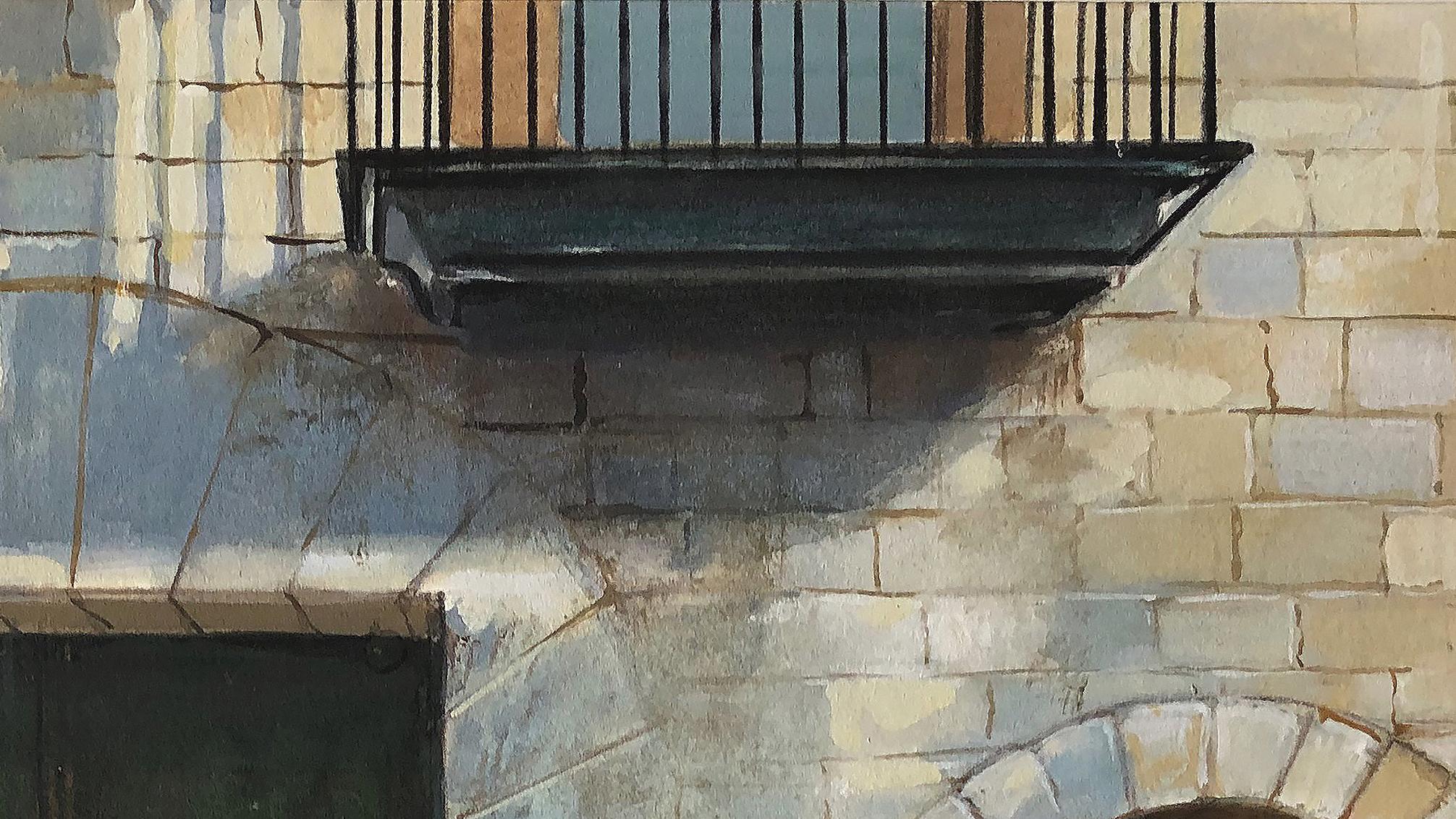 Dappled sunlight dances across an ancient stone wall in an unknown town bringing a luminosity to the perfectly balanced composition by Carol Pylant. Watercolor and gouache come together so precisely in this small piece that at first glance, it