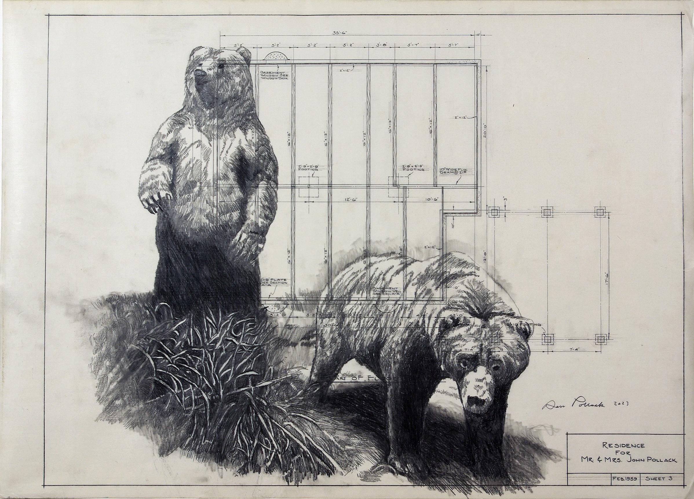 Don Pollack Animal Art - Solid Footings - Graphite Drawing on Antique Architectural Drawings of Bears