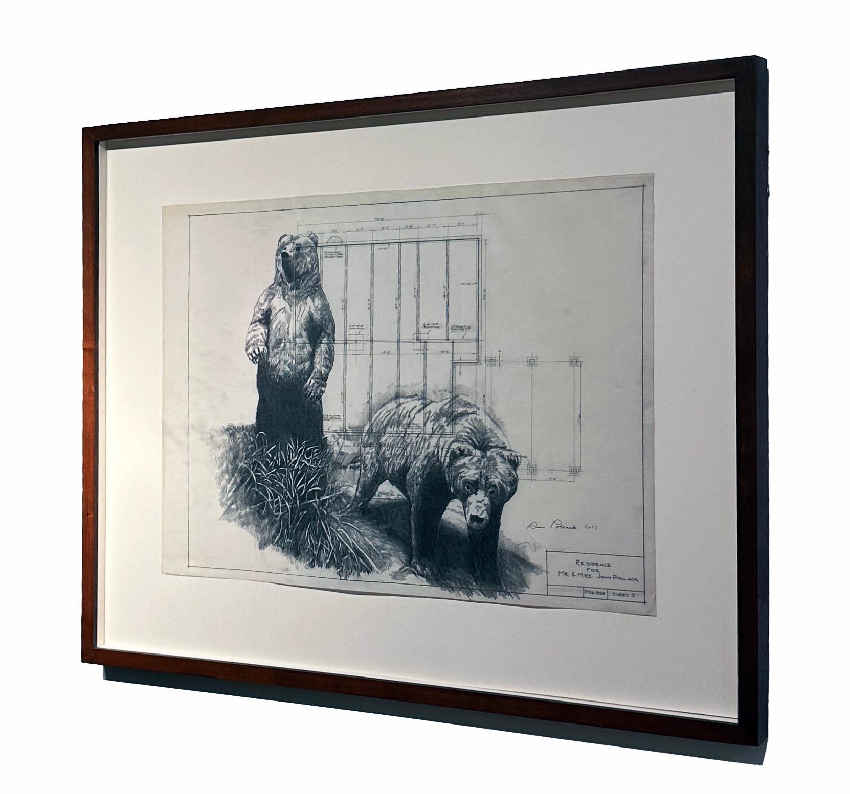 Solid Footings - Graphite Drawing on Antique Architectural Drawings of Bears For Sale 3