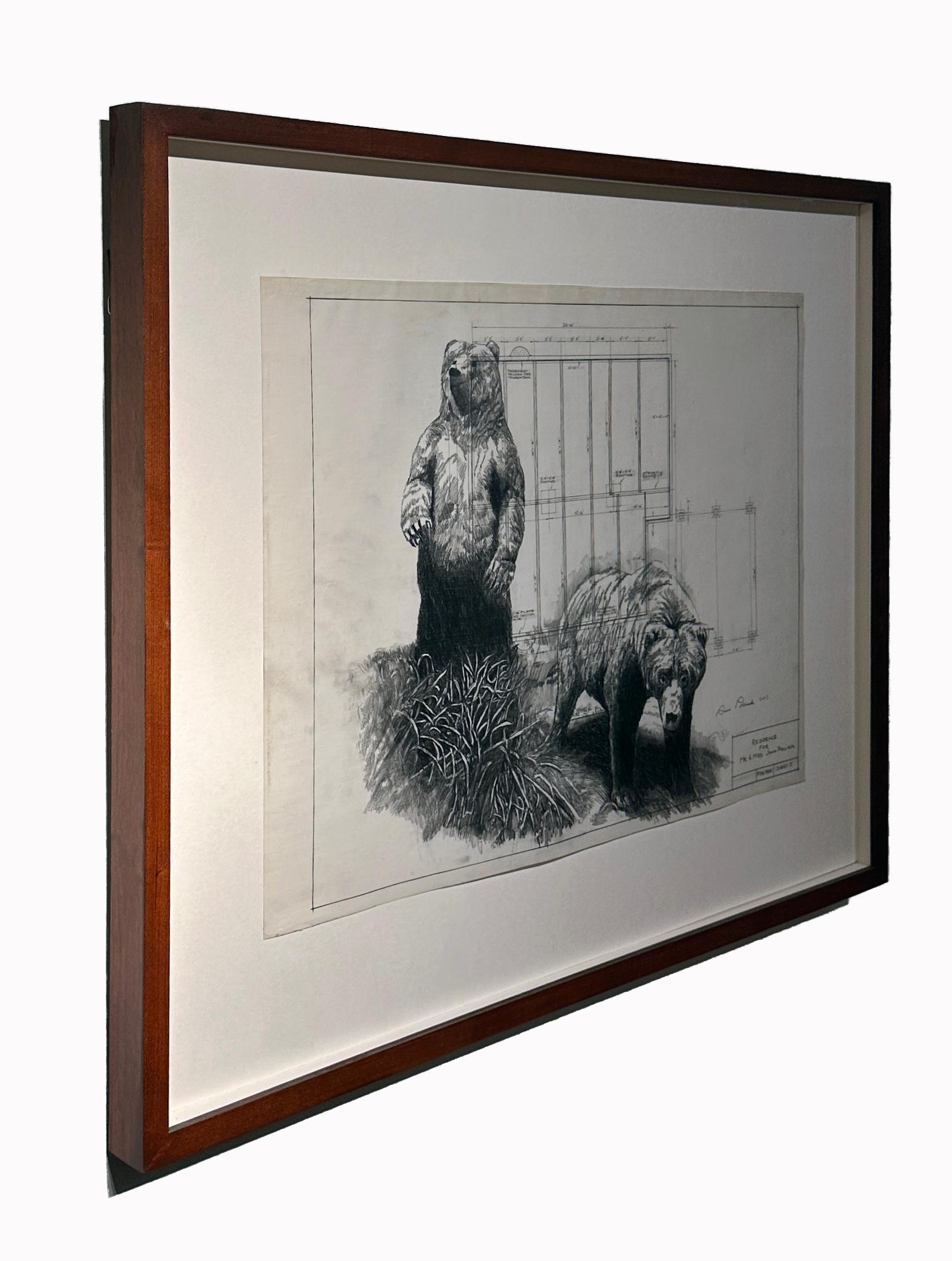 Solid Footings - Graphite Drawing on Antique Architectural Drawings of Bears For Sale 2