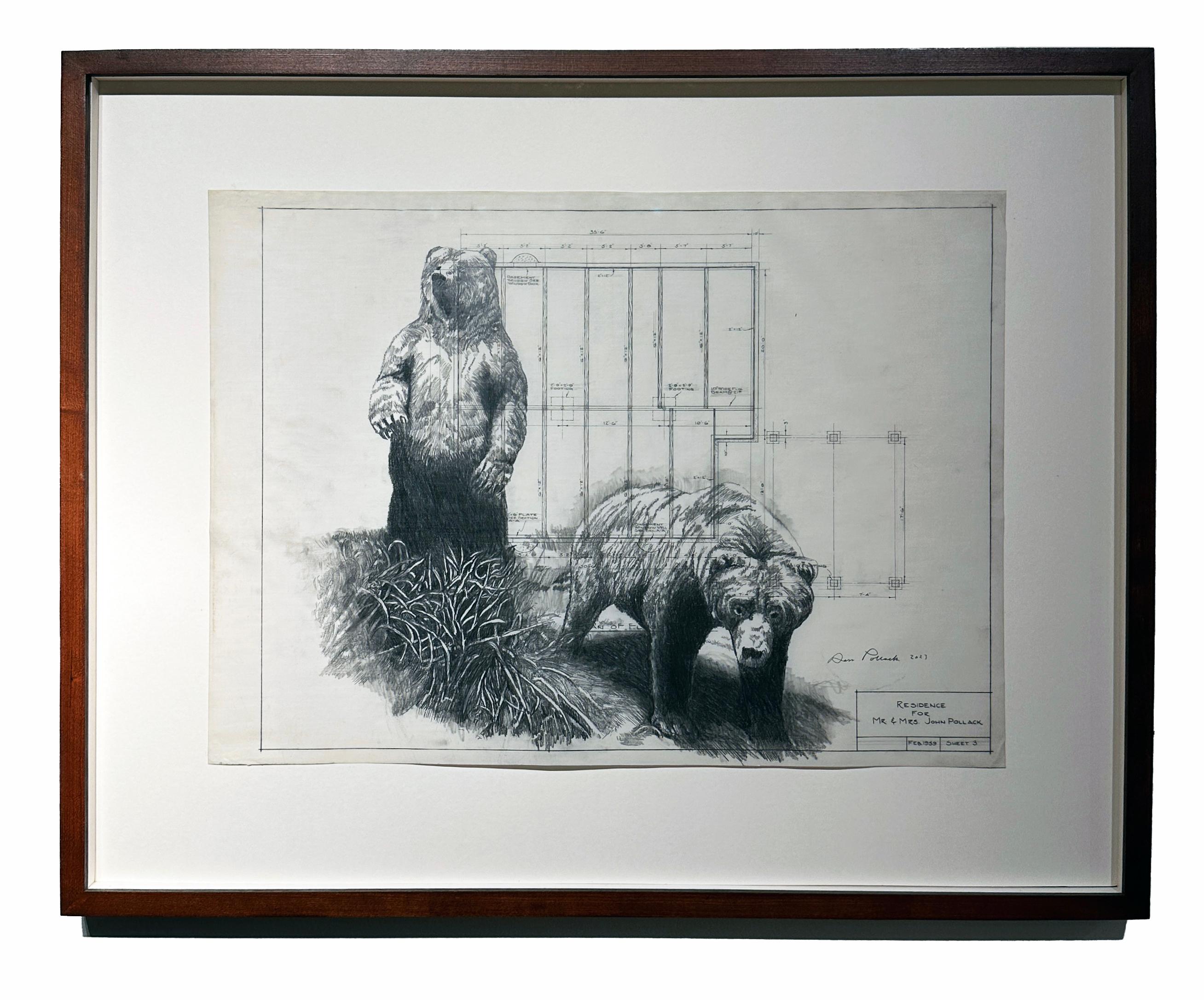 Solid Footings - Graphite Drawing on Antique Architectural Drawings of Bears For Sale 1