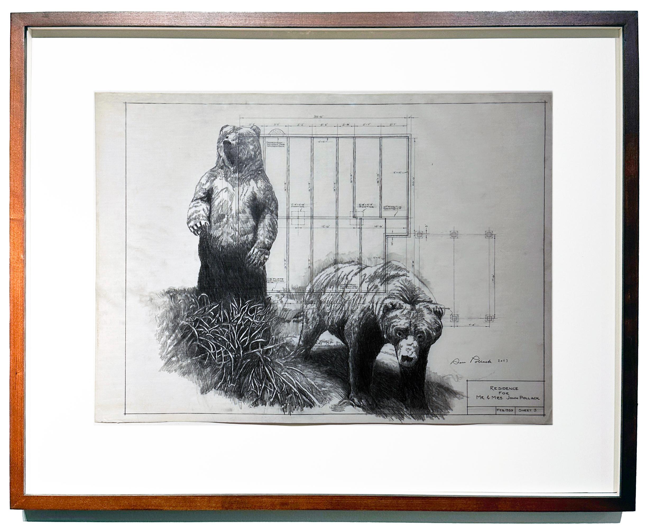 Animal Painting di Don Pollack - Piedi solidi - Disegno in grafite su antichi disegni architettonici di orsi