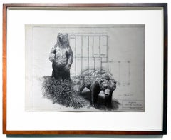 Dessin graphite sur dessins architecturaux anciens d'ours sur pieds solides