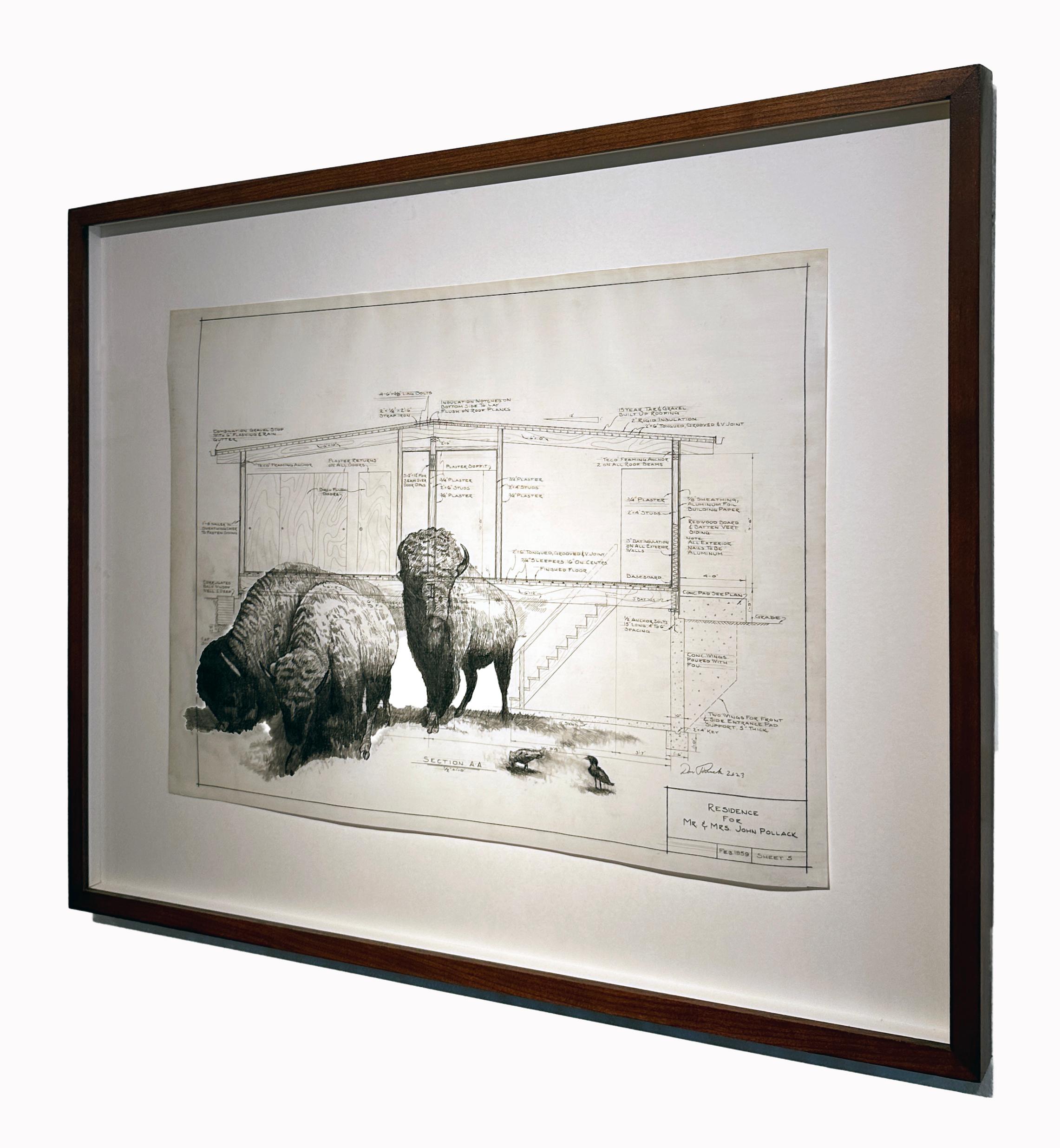 Base graduata e livellata - Buffalo in grafite su disegni architettonici antichi in vendita 2