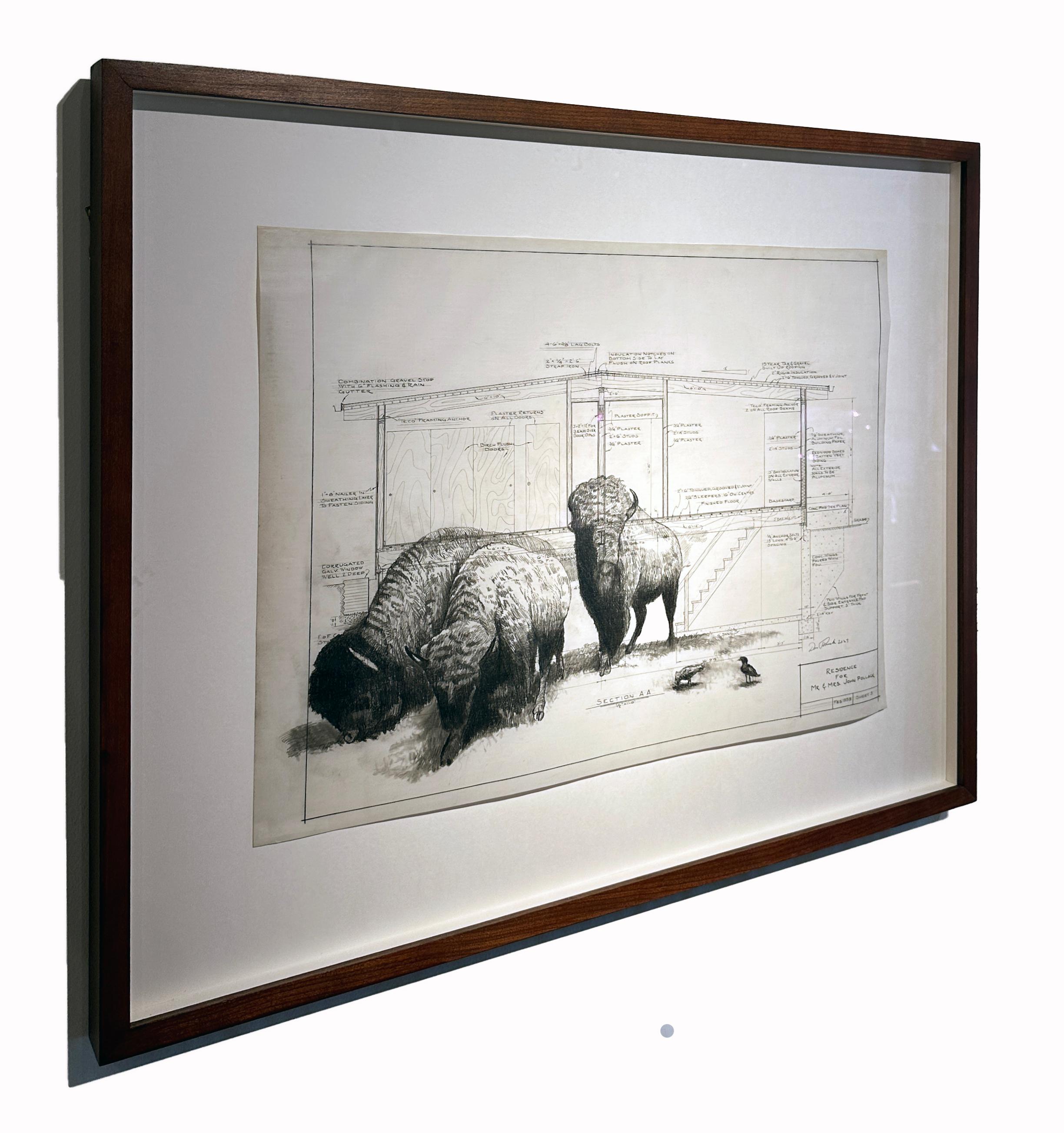 Base calibrée et nivelée - Buffalo en graphite sur des dessins d'architecture anciens en vente 3