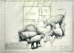 Step Up - Mountain Goats in Graphite on Antique Architectural Drawings 