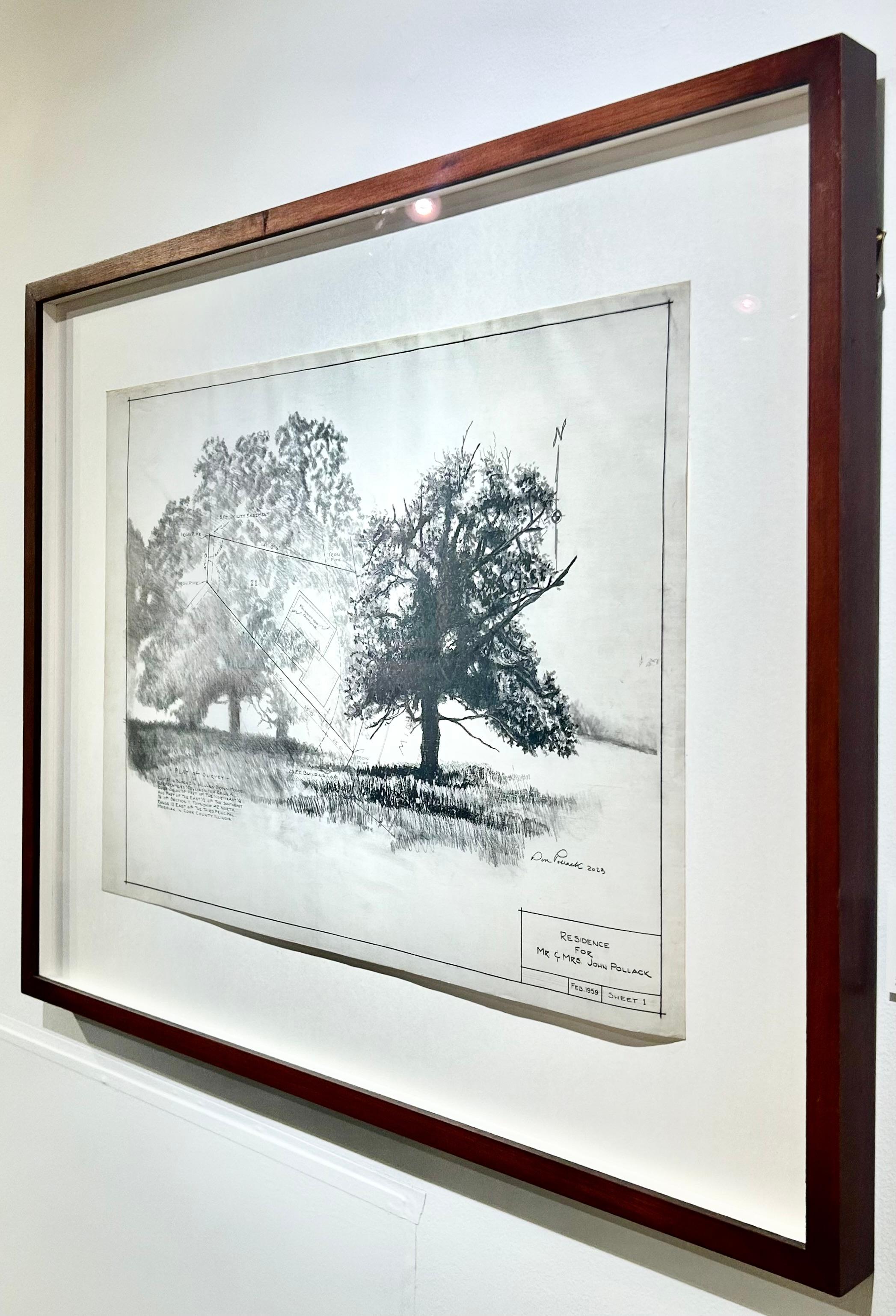 Plat Survey - Trees in Graphite on Antique Architectural Drawings  For Sale 1