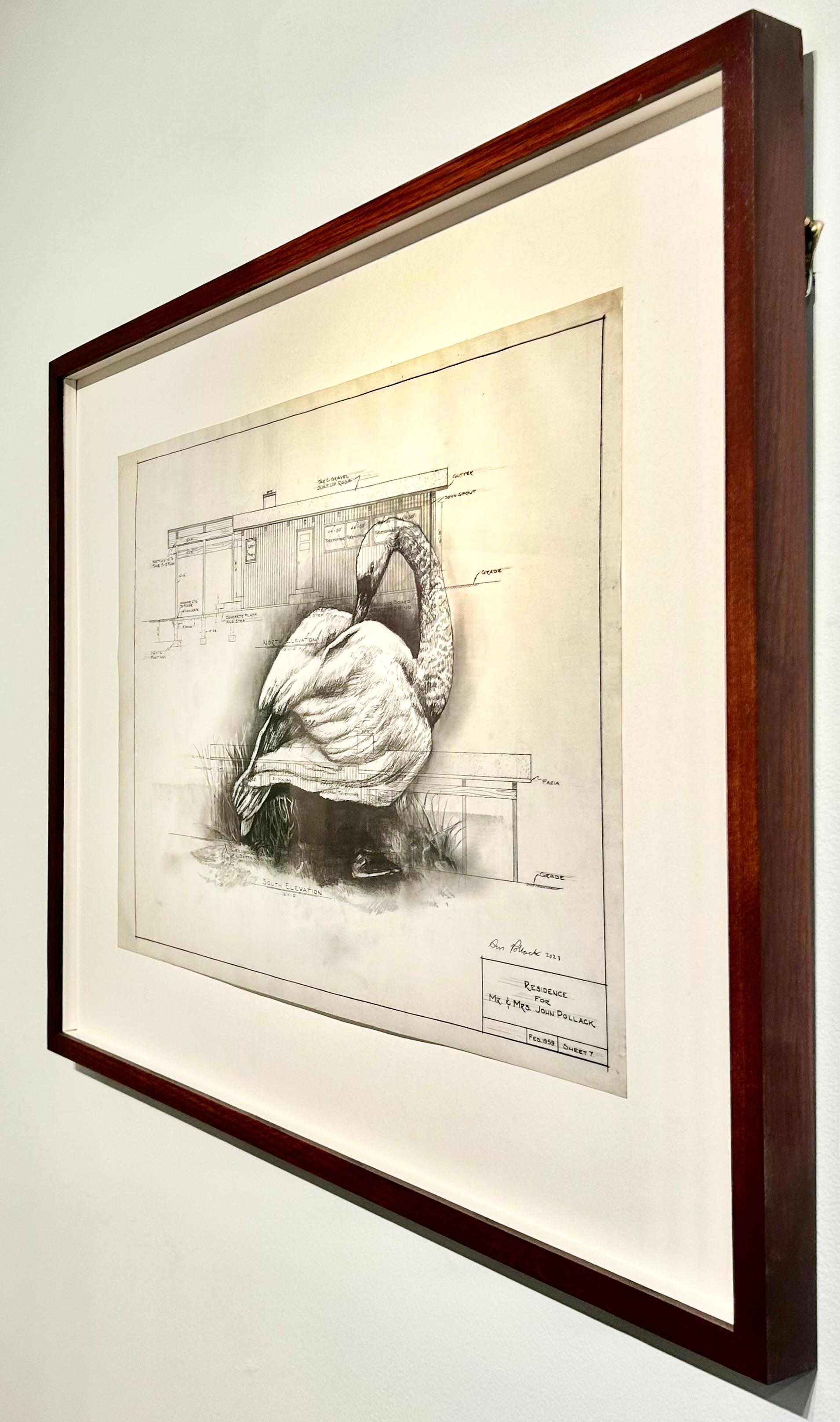 Trasformato - Cigno in grafite su disegno architettonico in Vellum antico - Painting Contemporaneo di Don Pollack
