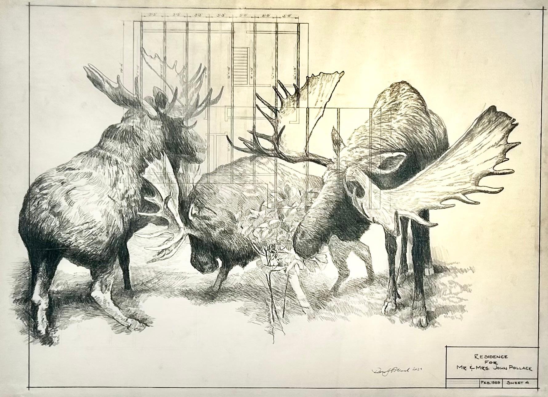 Don Pollack Landscape Art - Jobsite - Moose in Graphite on Antique Architectural Drawings 