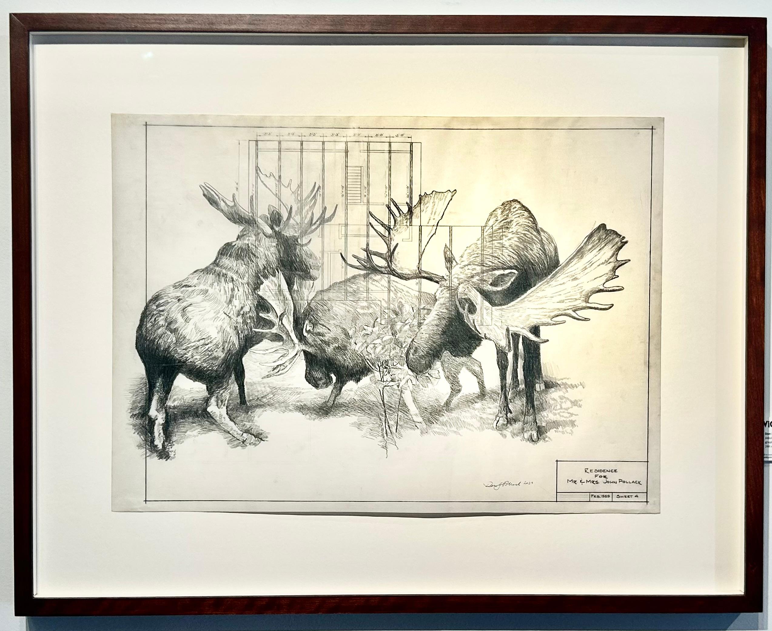 Cantiere - Alce in grafite su disegno architettonico in Vellum antico - Art di Don Pollack