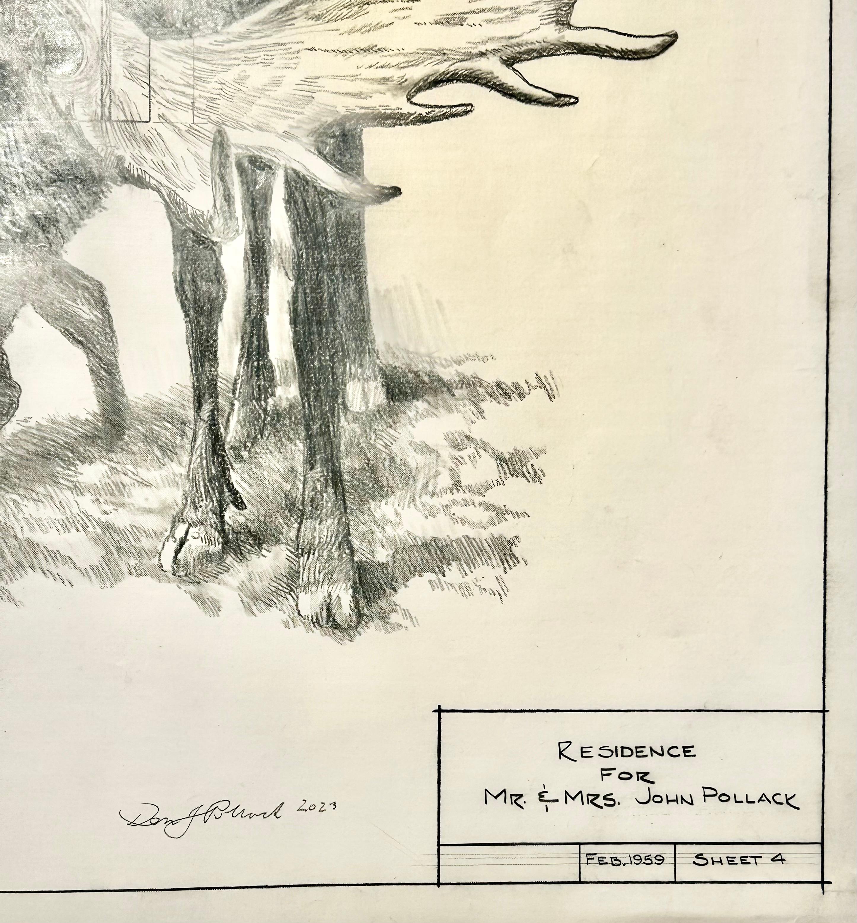 Cantiere - Alce in grafite su disegno architettonico in Vellum antico - Art Contemporaneo di Don Pollack