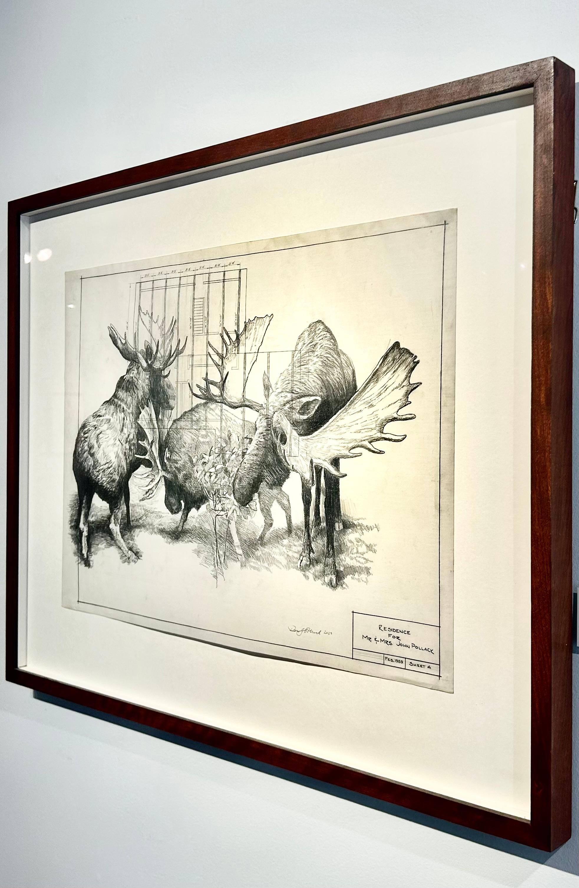 Jobsite - Moose in Graphite on Antique Architectural Drawings  For Sale 3