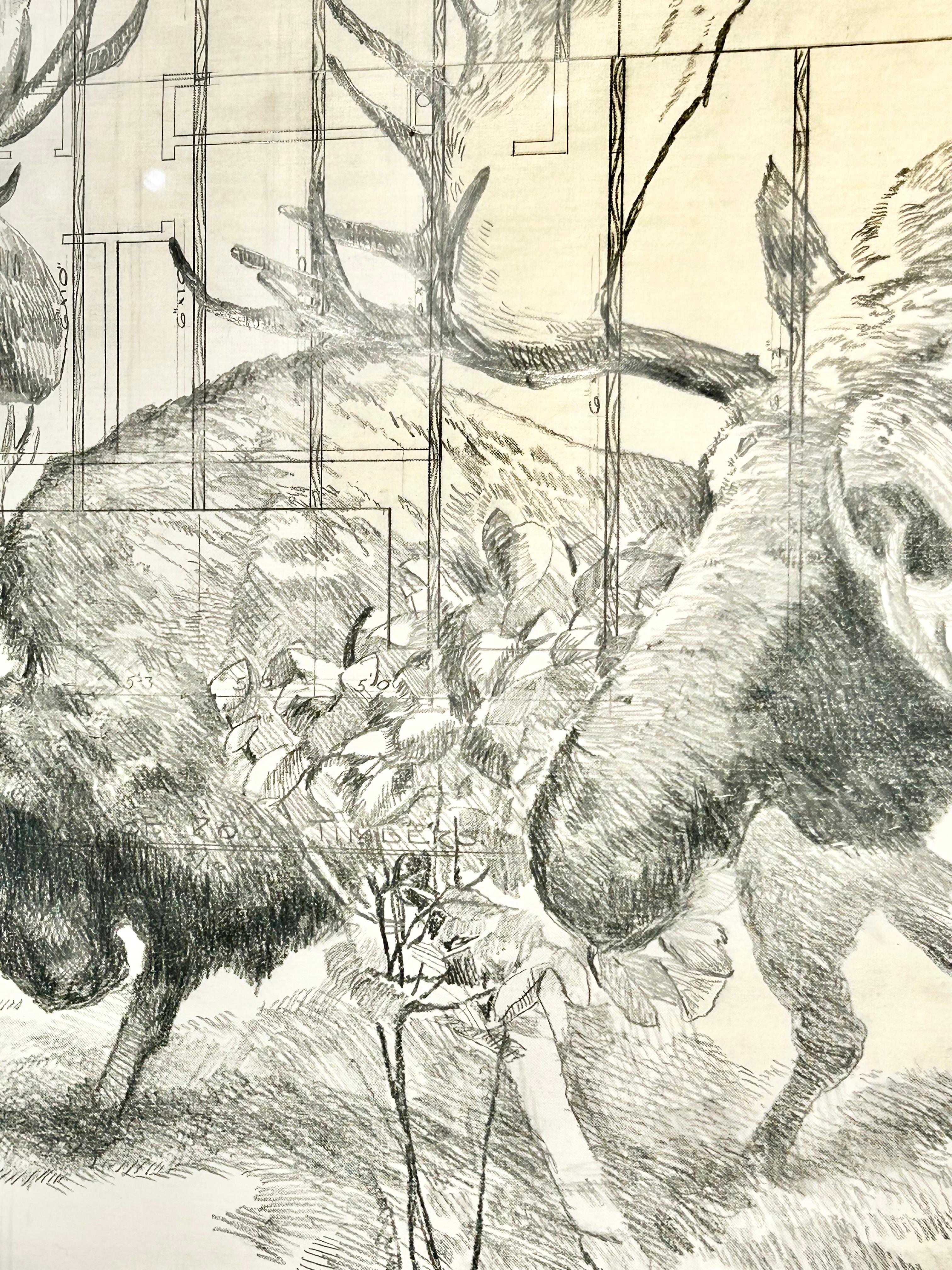 Cantiere - Alce in grafite su disegno architettonico in Vellum antico - Animal Art Beige di Don Pollack