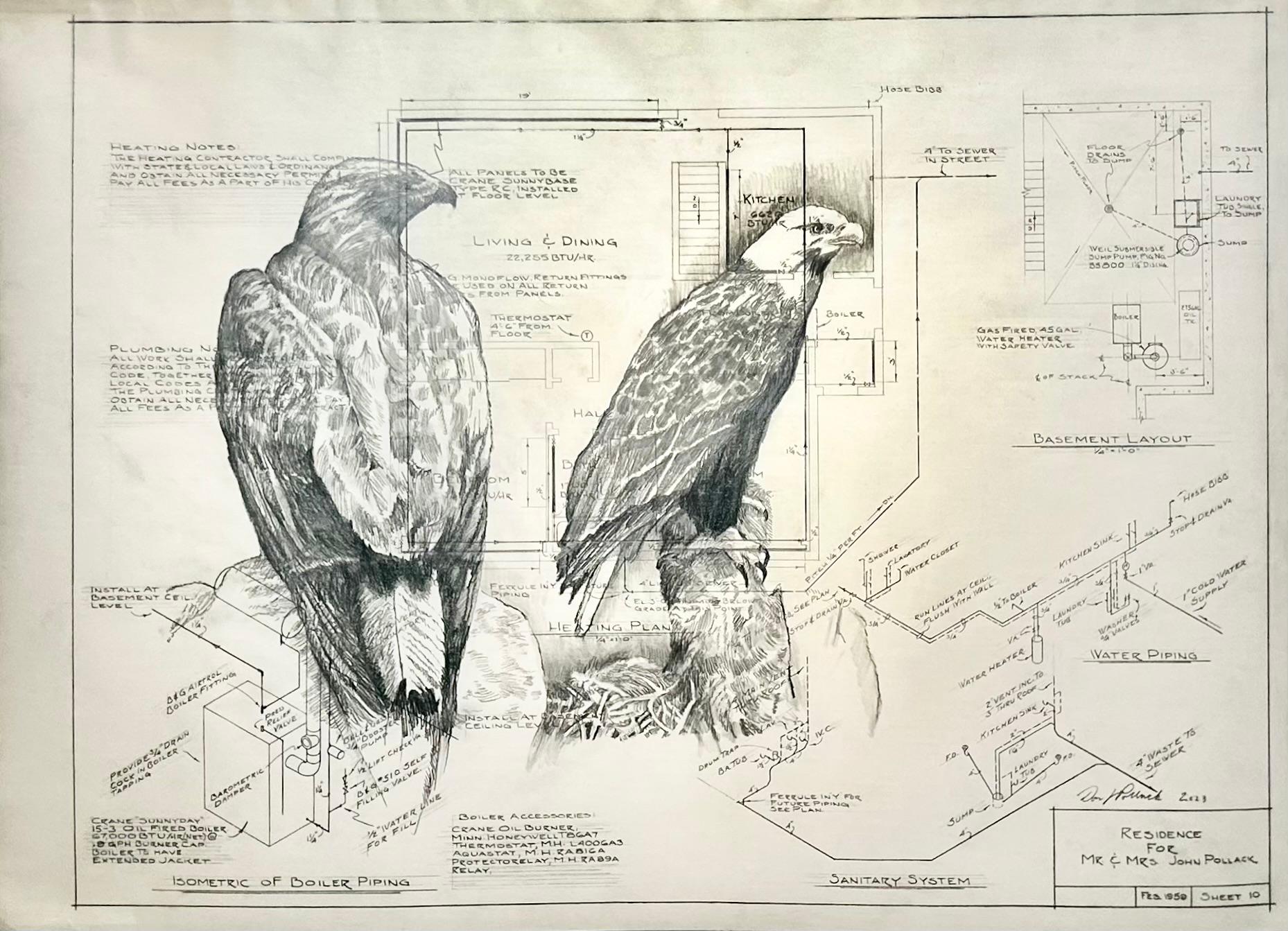 Don Pollack Animal Art - An Eye for Detail - Bald Eagles in Graphite on Antique Architectural Drawings 