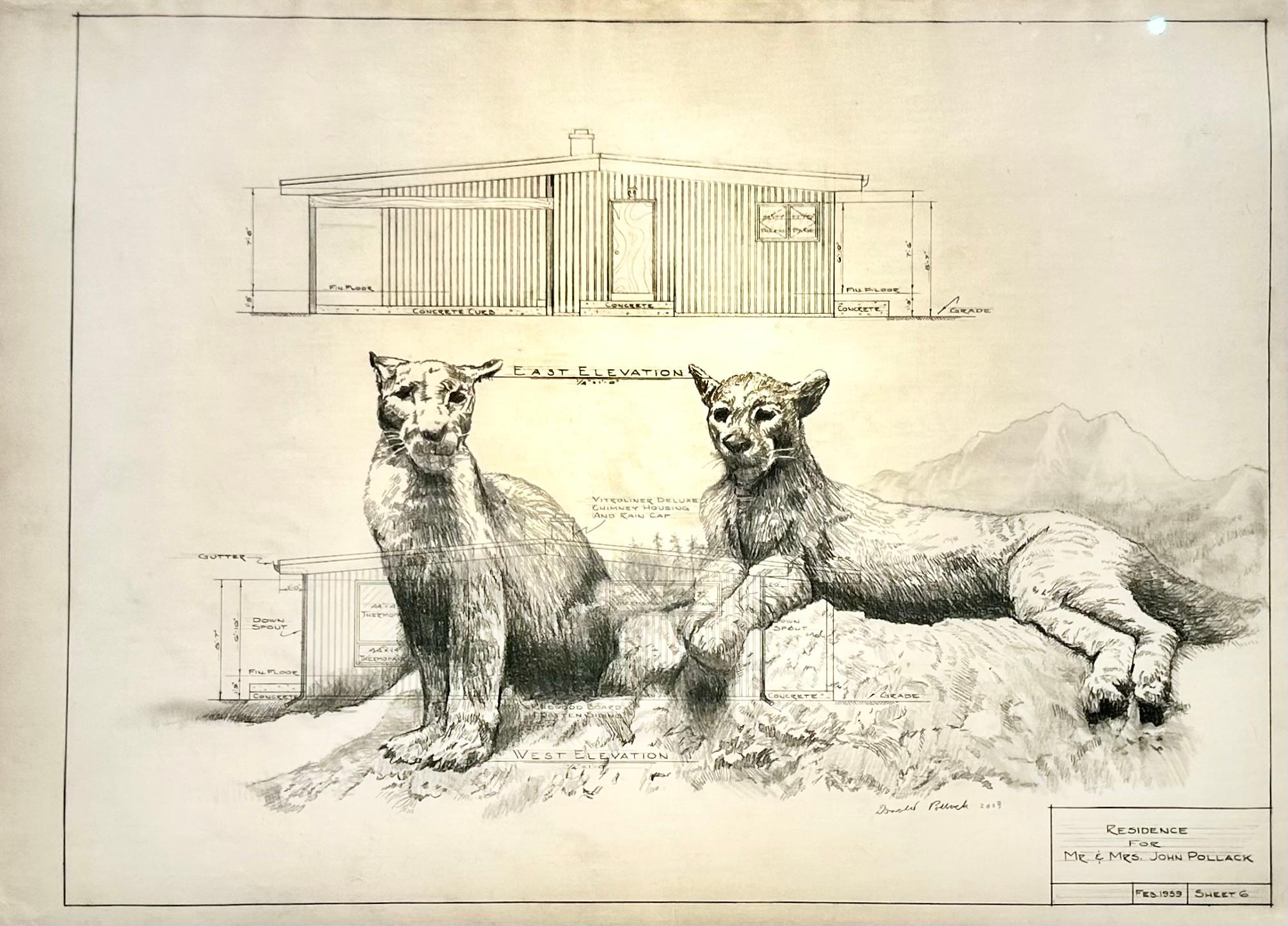 Don Pollack Landscape Art - Sentinel - Mountain Lions in Graphite on Antique Architectural Drawings 
