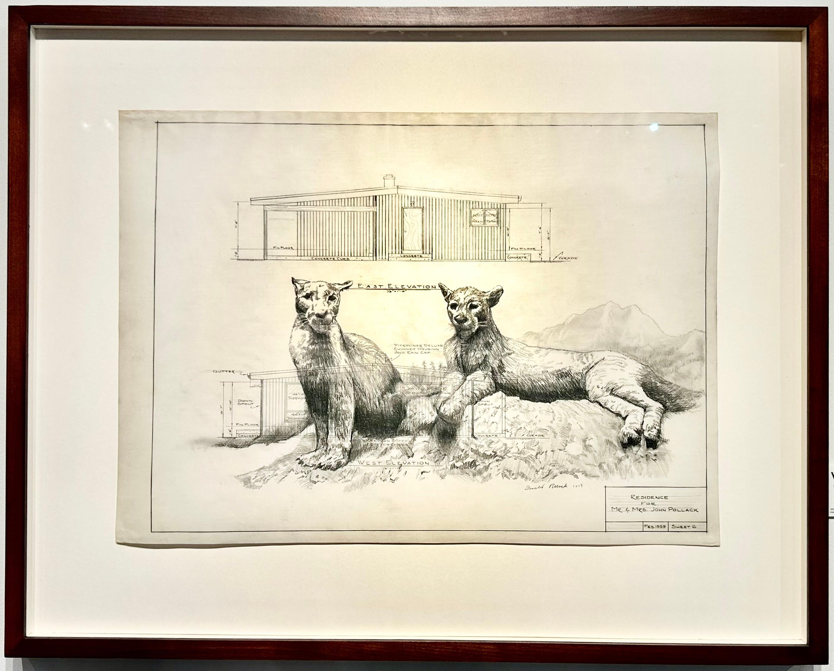 Centinela - Leones de montaña en grafito sobre pergamino antiguo Dibujo arquitectónico - Art Contemporáneo de Don Pollack