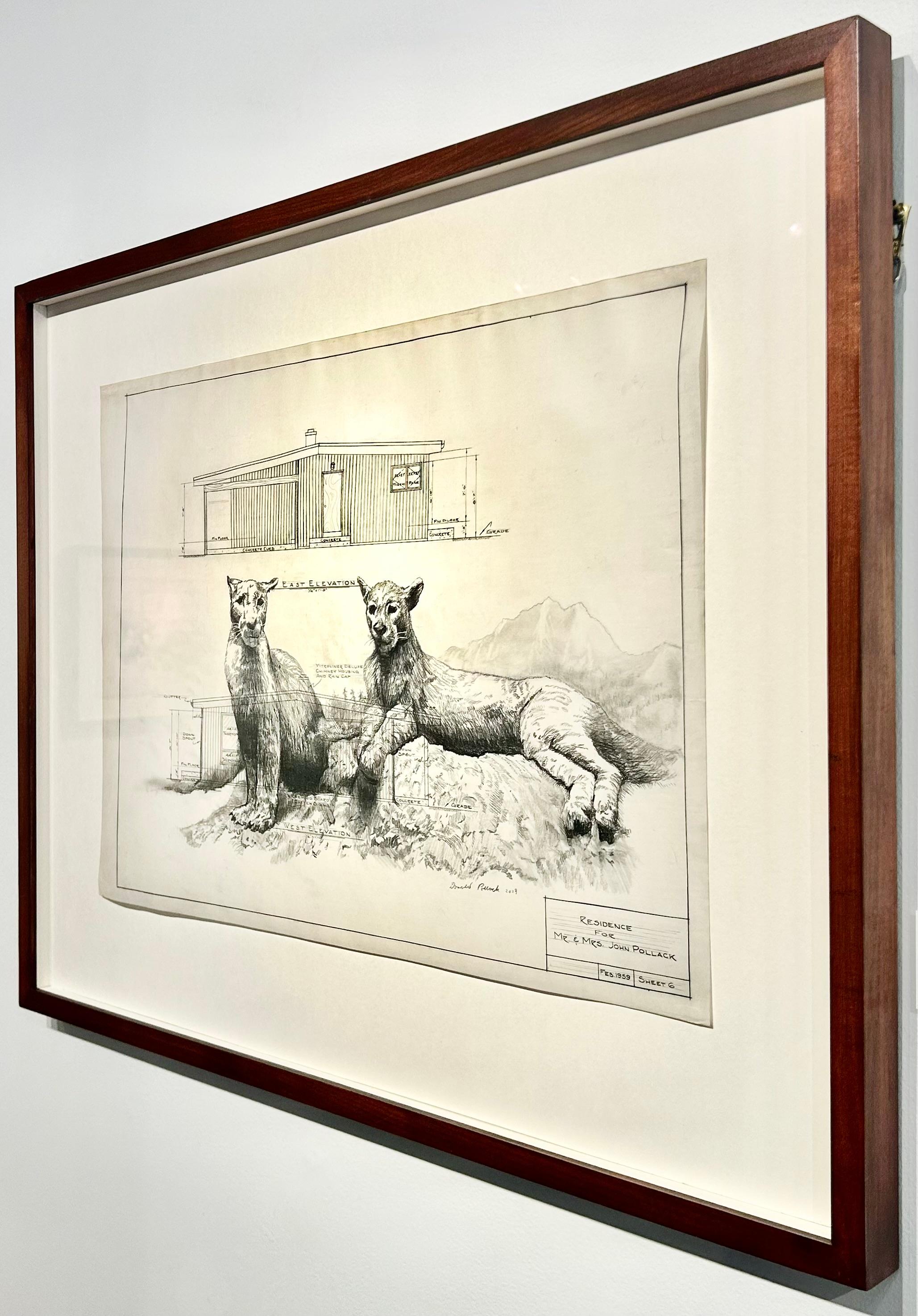 Sentinel - Mountain Lions in Graphite on Antique Architectural Drawings  For Sale 2