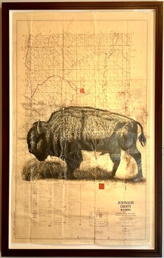 Homestead - Bison in Graphite on Antique Map Drawings 