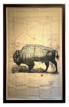 Homestead - Bison en graphite sur dessins d'une carte ancienne 
