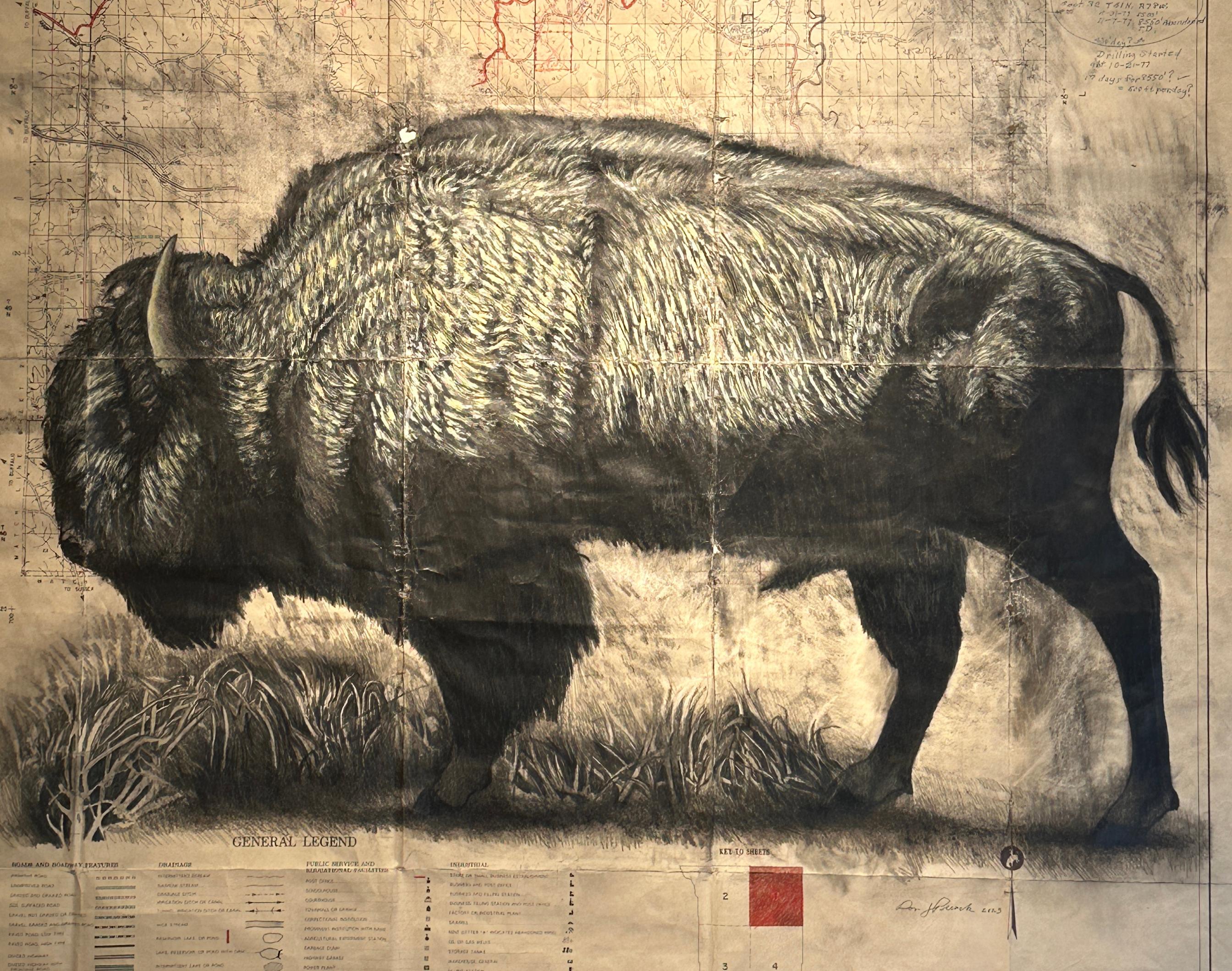 Homestead - Bisonte en grafito sobre dibujos de mapas antiguos - Art Contemporáneo de Don Pollack