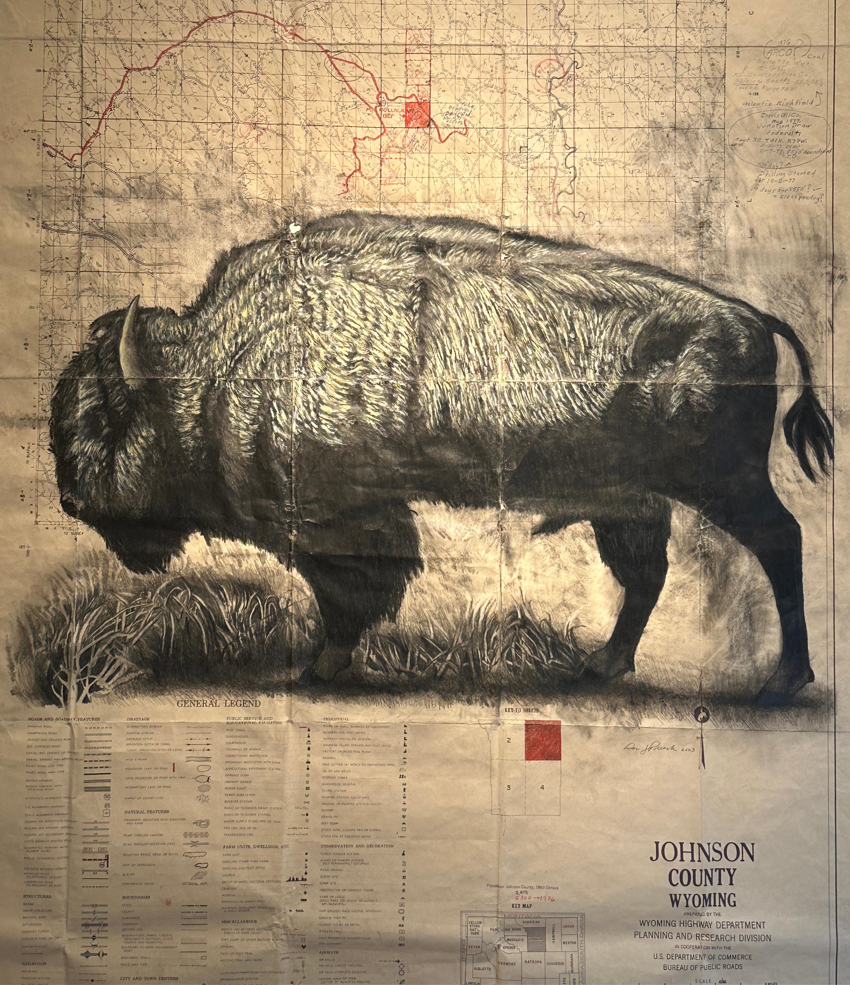 Homestead - Bisonte en grafito sobre dibujos de mapas antiguos - Art de Don Pollack
