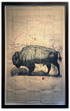 Homestead - Bison in Graphite on Antique Map Drawings