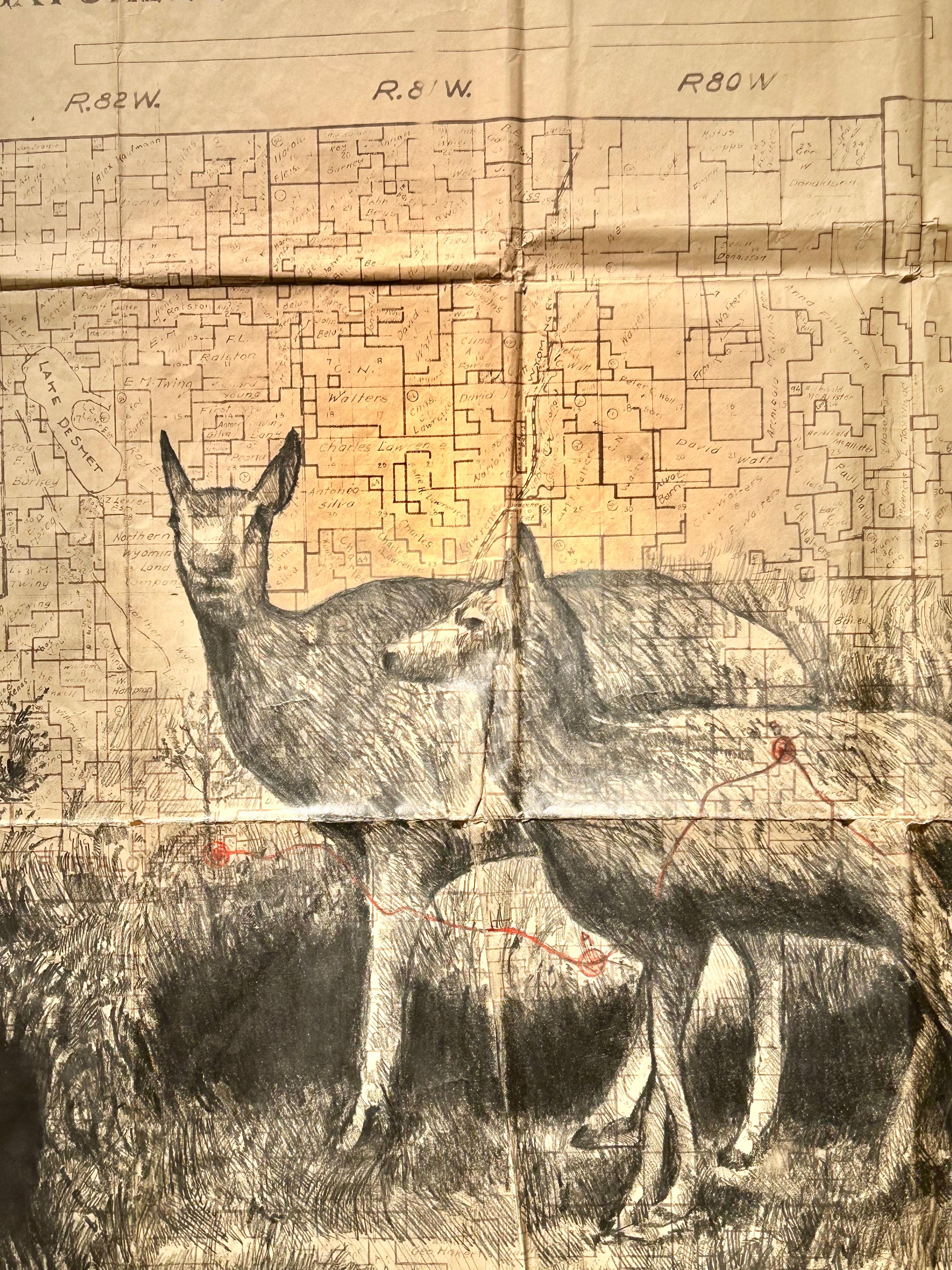 La ferme de High Plaines - Cerf d'épines en graphite sur dessins d'une carte ancienne en vente 1