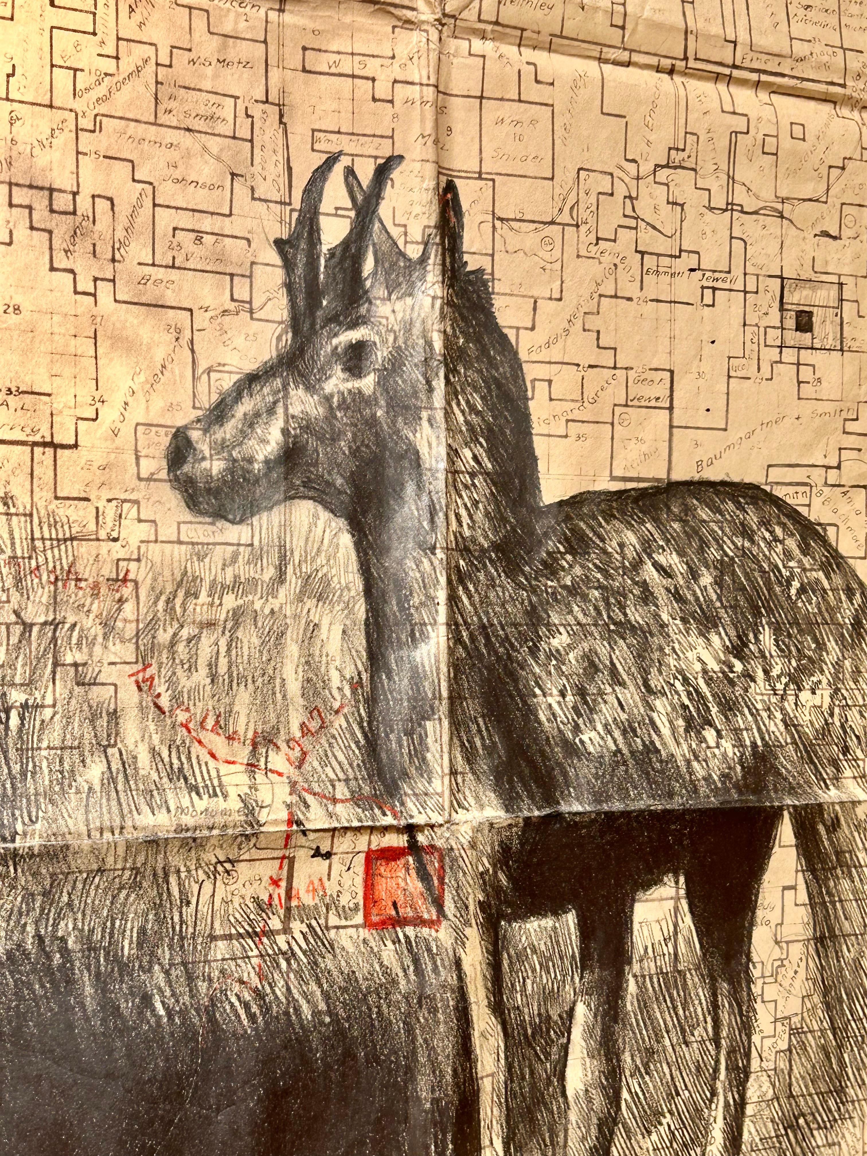 La ferme de High Plaines - Cerf d'épines en graphite sur dessins d'une carte ancienne en vente 2