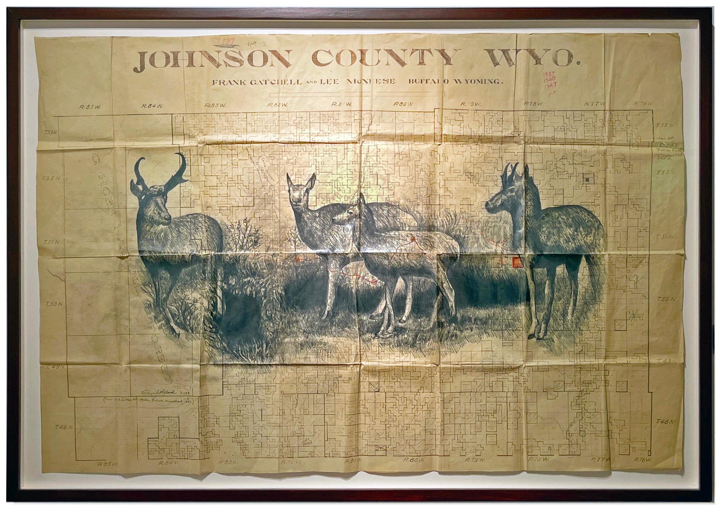 High Plaines Homestead - Deer in Graphite on Antique Map Drawings 