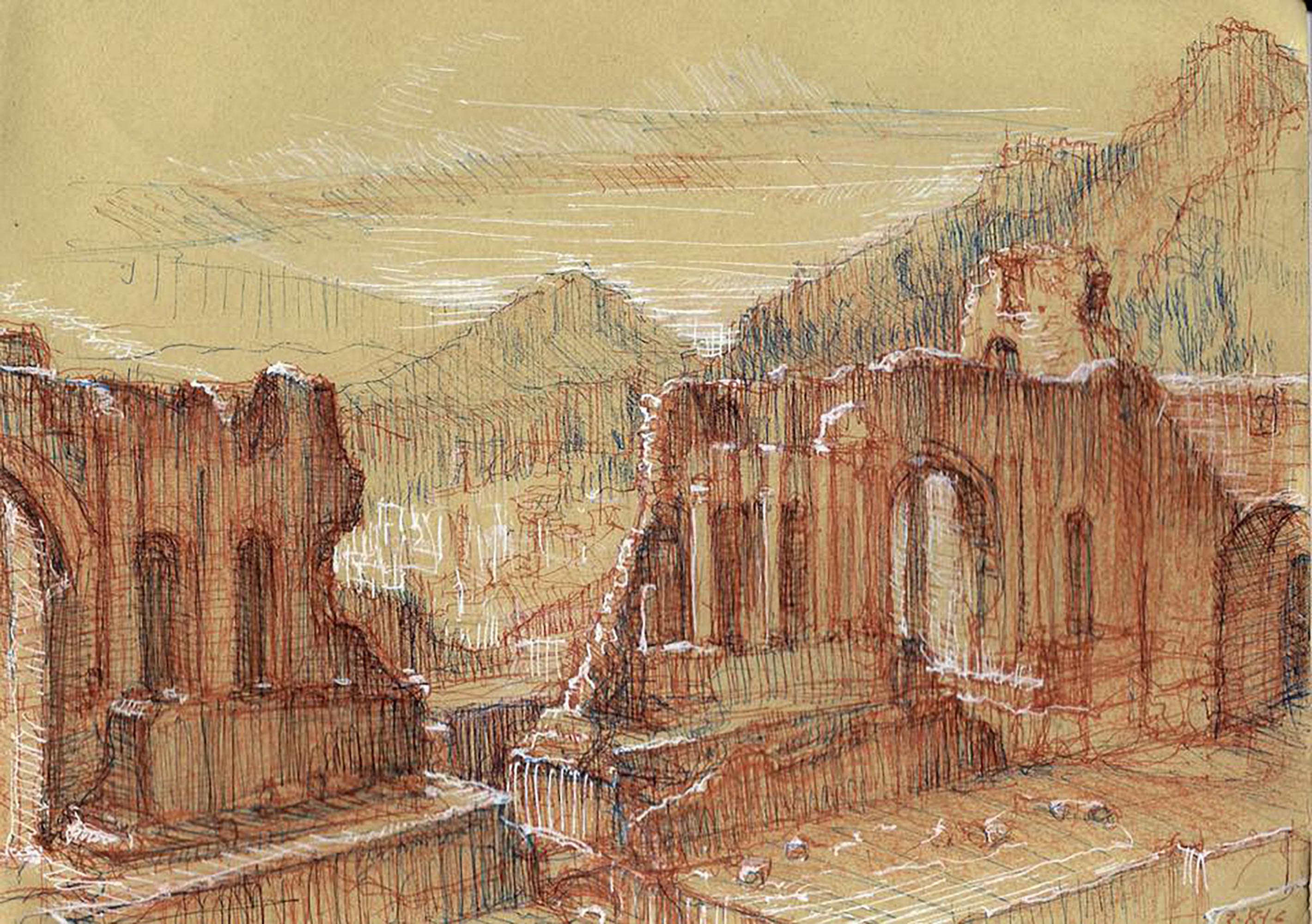 Christopher Ganz Landscape Art - Greek Ampitheatre, Taormina, Sicily - Original Ink Drawing
