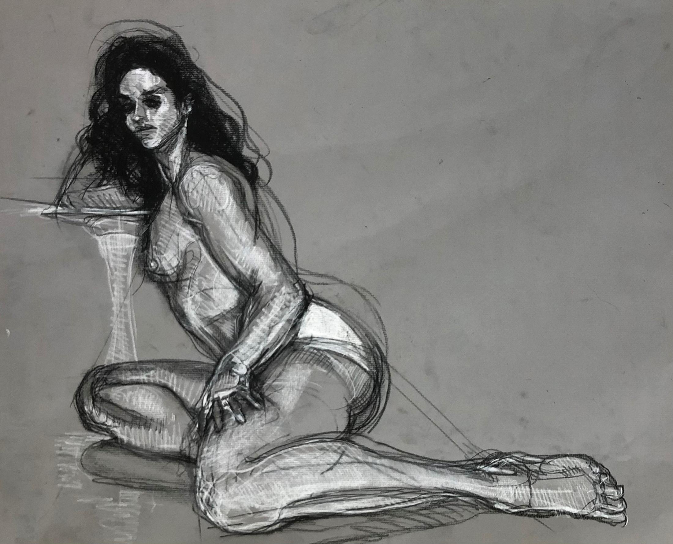 Figurative Art di Christopher Ganz - Kayla - Disegno originale - Carboncino e gesso su carta colorata