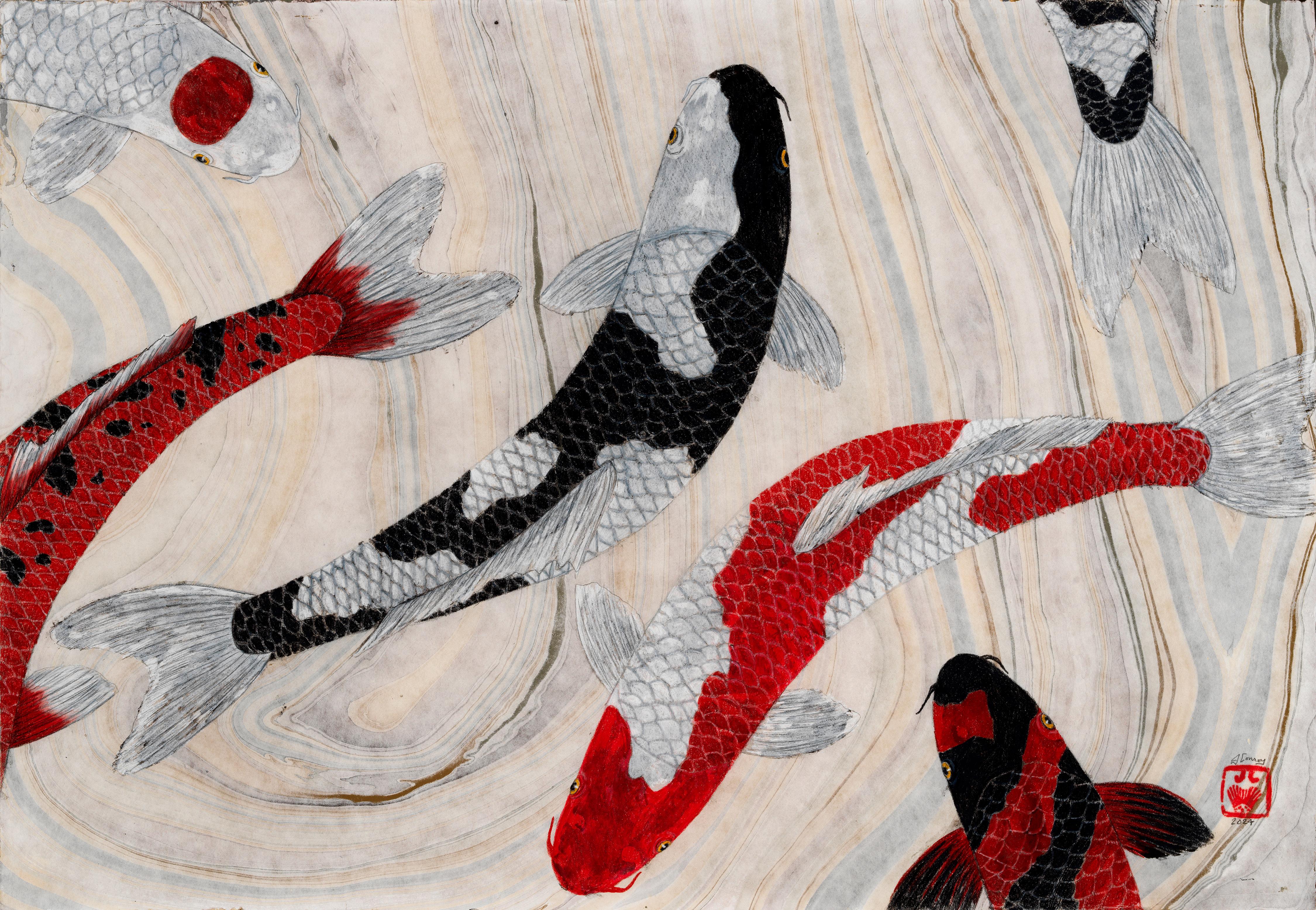 Encounter - Gyotaku Style Sumi Ink Painting of an Koi Pond on Mulberry Paper