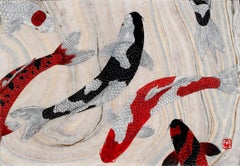 Encounter - Gyotaku Style Sumi Ink Painting of an Koi Pond on Mulberry Paper