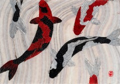 Assemblie - Peinture à l'encre Sumi de style Gyotaku d'un étang Koi sur papier Mulberry