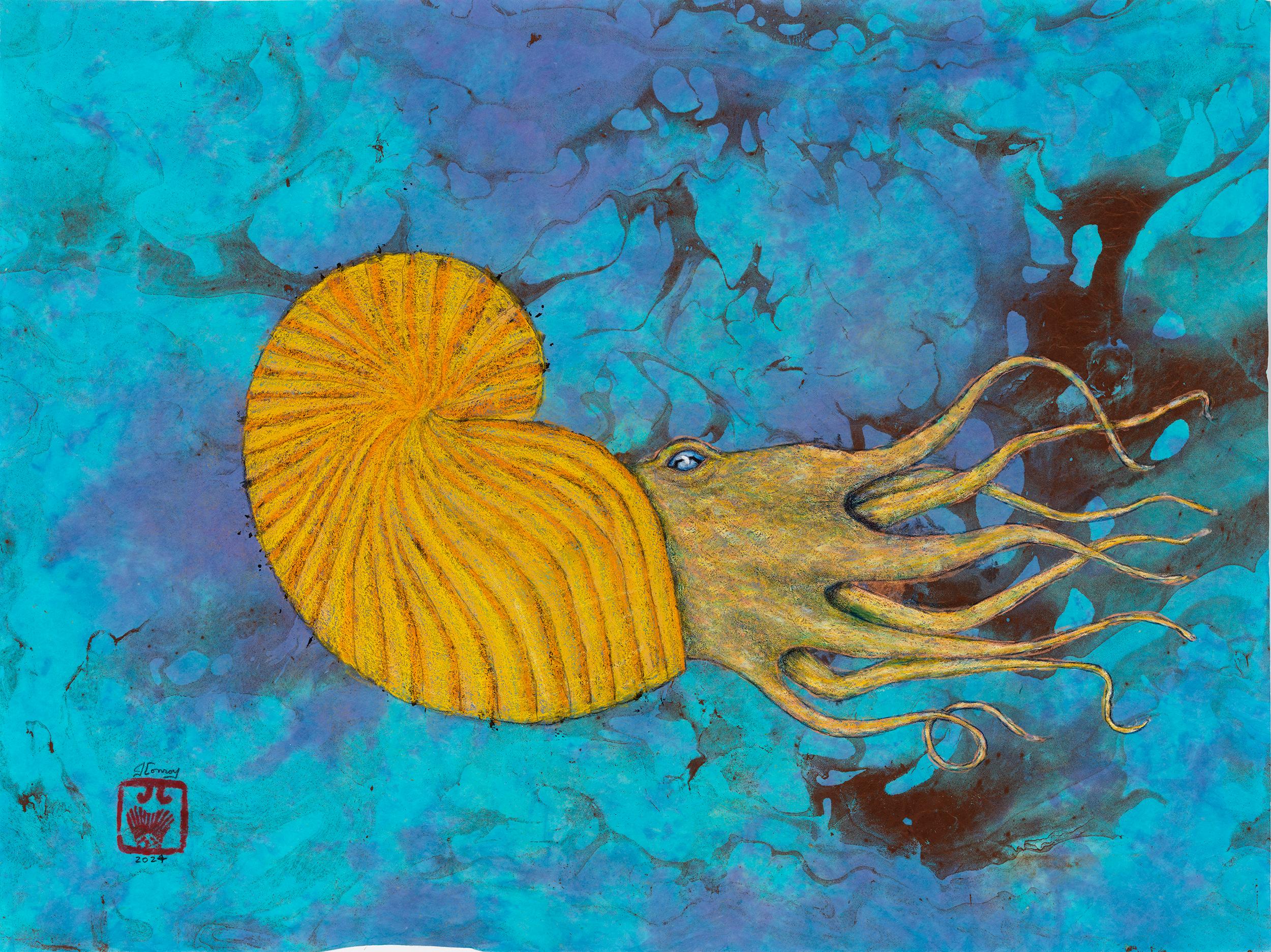 Lemmon Twist Ammonite - Gyotaku Style Sumi Ink Painting on Mulberry Paper