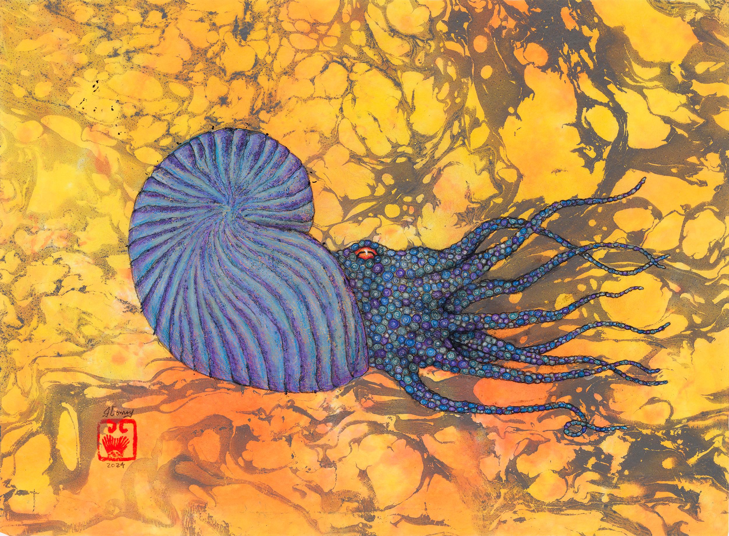 Lavender Ammonite - Gyotaku Style Sumi Ink Painting on Mulberry Paper